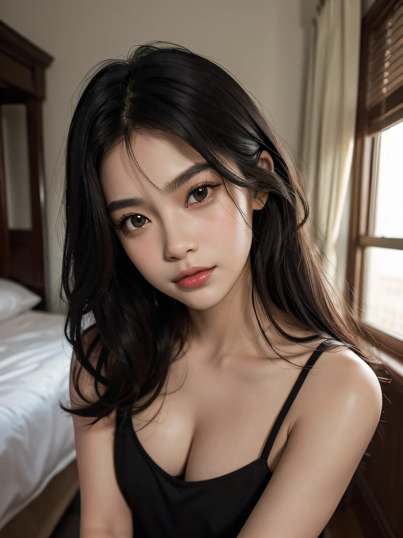 masterpiece、top-quality、ighly detailed、A hyper-realistic、Photorealsitic、foco nítido、a picture、2/3 shots、portlate、Style-Princess、Beauty of skin texture、Gaze to the camera、A smile、Mouth closed、blush nose、Medium chest、beautidful eyes、(Increased beauty of skin texture:1.1)、Gaze to the camera、length hair、Novafrog style with black hair、de pele branca、A detailed face、Detailed hand、Detailed chest、Black camisole、Black underwear、Bedside