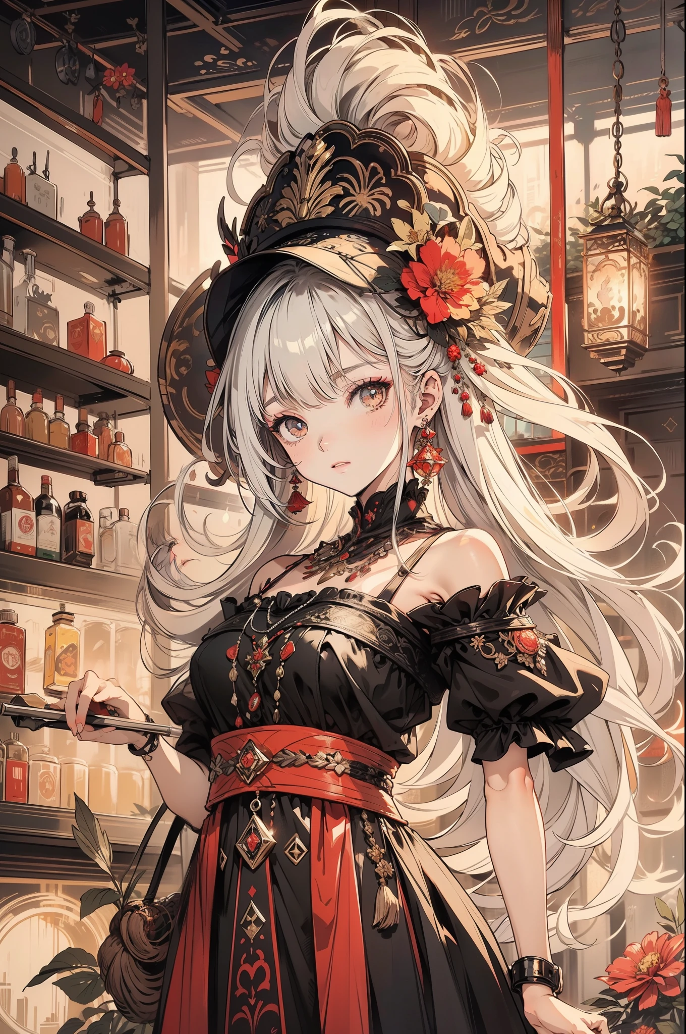 Wolf & Spices, (Masterpiece, Top Quality, Best Quality, Beauty and Aesthetics: 1.2), (1 Girl: 1.1), Glowing Eyes, Extreme Details, (Color: 1.1), (Color Background 1:1), (#ff311f: 1.5), (#f08432: 1.2), Supreme Detail, Weapon, Grip Weapon, (Glow Weapon), Detailed Background, Fire: 1.2, Flowers: 1.2, Masterpiece, 8K