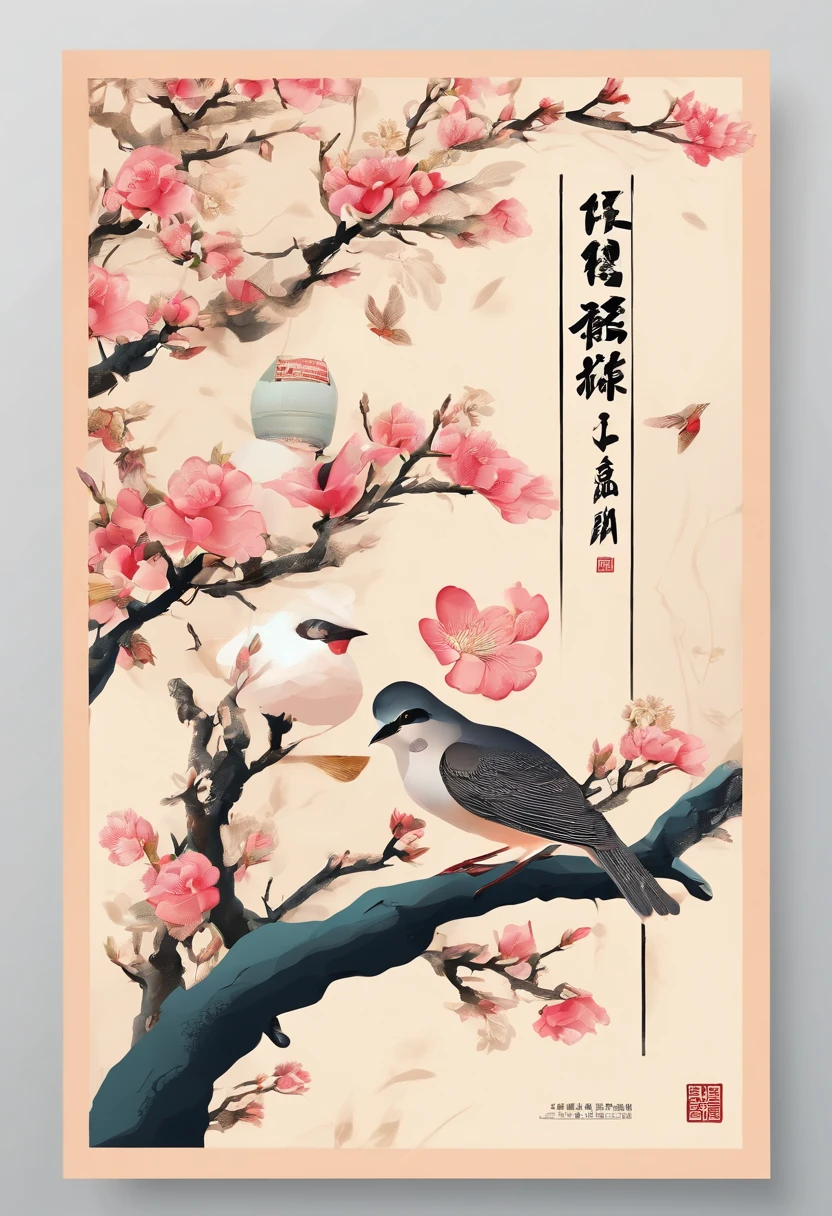 Spring,Traditional Chinese solar terms,early spring,(((Spring flowers))),National style,On the flower branches((Thrush)),No other elements,No other text