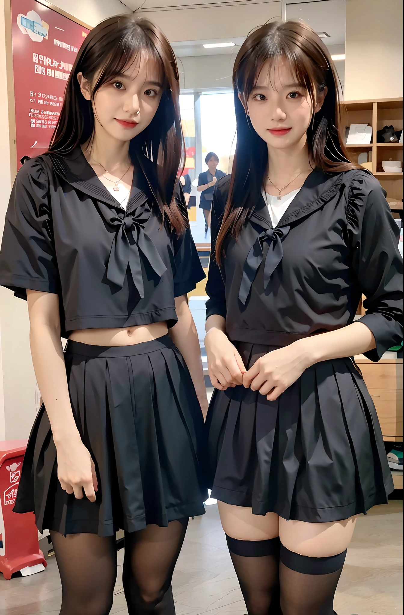 romantic student, Two female students in school uniforms, Female couple, Tall and skinny, Small cleavage,Beautiful long legs, Alumni, classmate