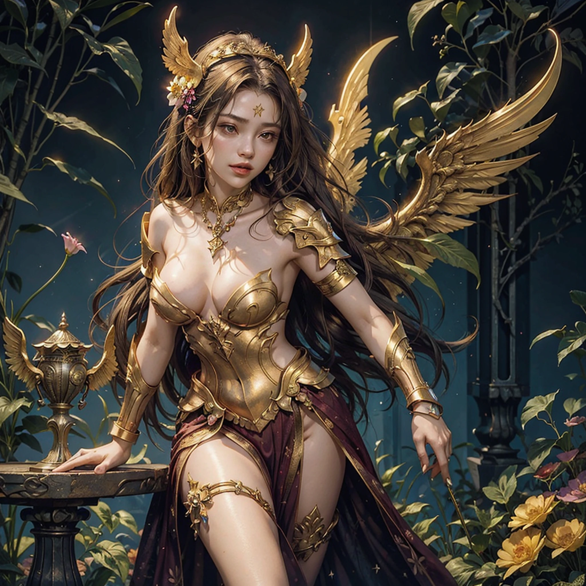 colorful, 1girl, armlet, breasts, floating hair, flower, lips, long hair, looking at viewer, medium breasts, golden armor, dagger, wings,