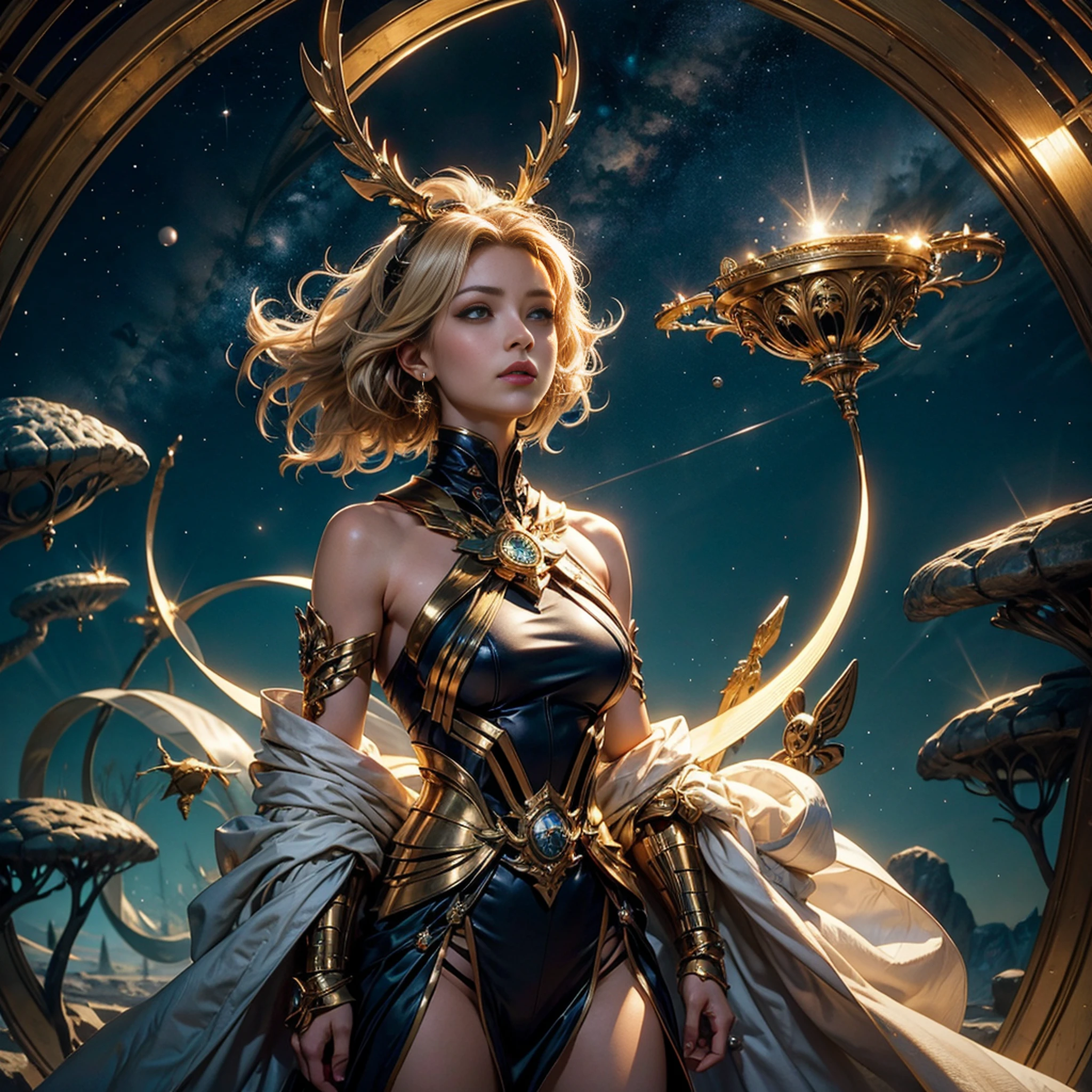 Image of Sagittarius，Sagittarius golden magical astrolabe，Sagittarius character in a starry costume，（The upper body is the image of the human body, The lower body is the body image of a horse），((Charming female character from Sagittarius:1.2),(Symbol of Sagittarius:1.1),Starryskyfundo,As estrelas brilham,A sense of mystery,cosmic elements,Atmosfera majestosa e profunda,Lindos detalhes decorativos,olhos hipnotizantes,cabelos longos escorrendo,Enfeite Starlight,cores dos sonhos)