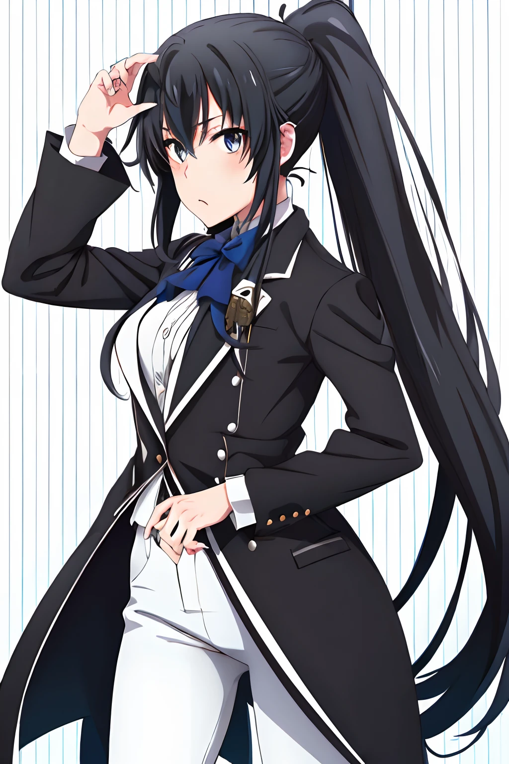 1Best Quality Girl,highres,ponytail ,white pants ,long  hair,1girl, Yukinoshita , Butler tail coat ,Black hair, eyes blue,Tail coat,striped,tight pants ,black shirt ,school background , looking at the scenes,Badass Butler, wallpaper