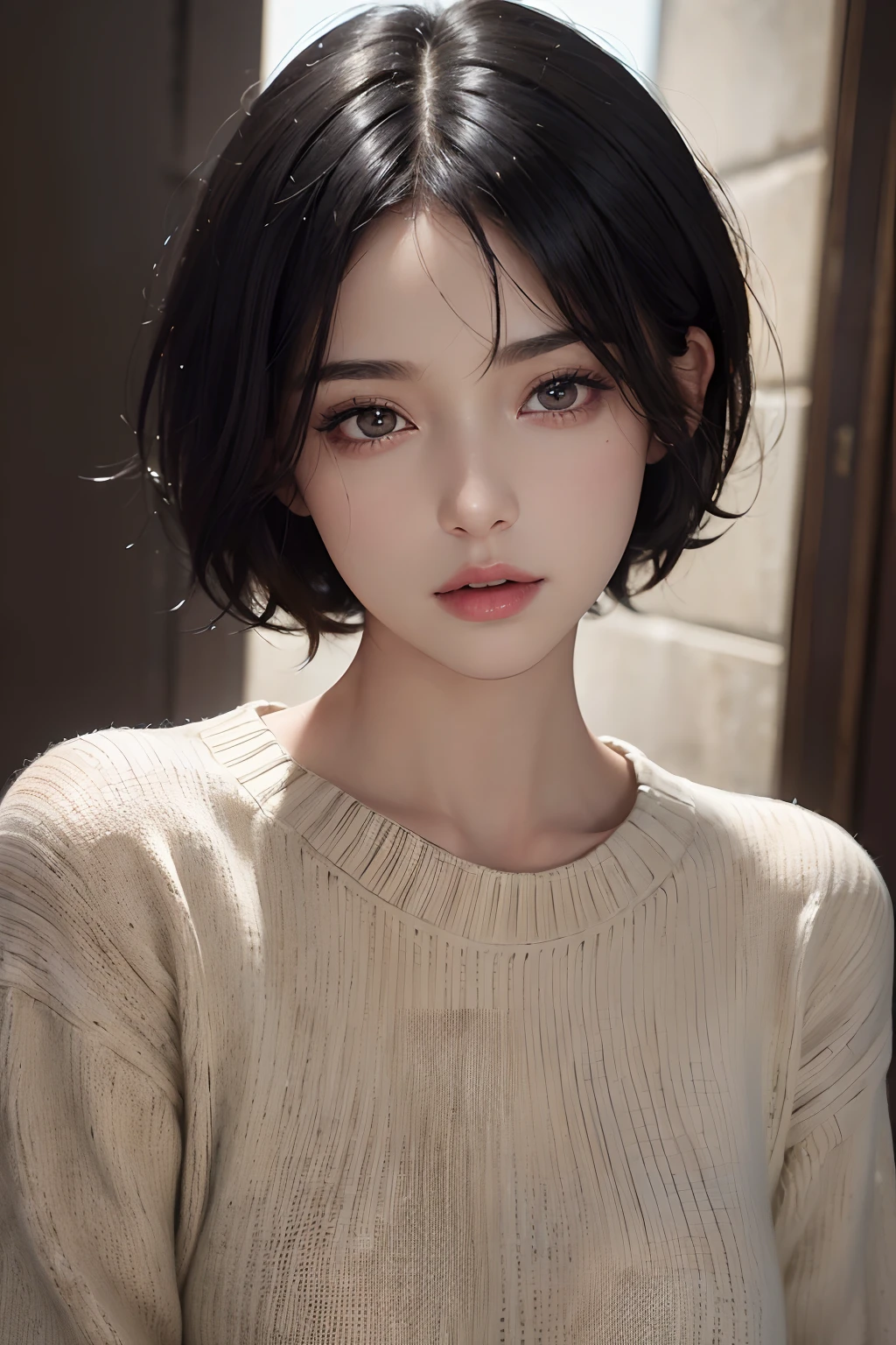 (masterpiece:1.3), (8k, photorealistic, RAW photo, best quality: 1.4), (1girl), beautiful face, (realistic face), (black hair, short hair:1.3), beautiful hairstyle, realistic eyes, beautiful detailed eyes, (realistic skin), beautiful skin, (sweater), absurdres, attractive, ultra high res, ultra realistic, highly detailed, golden ratio