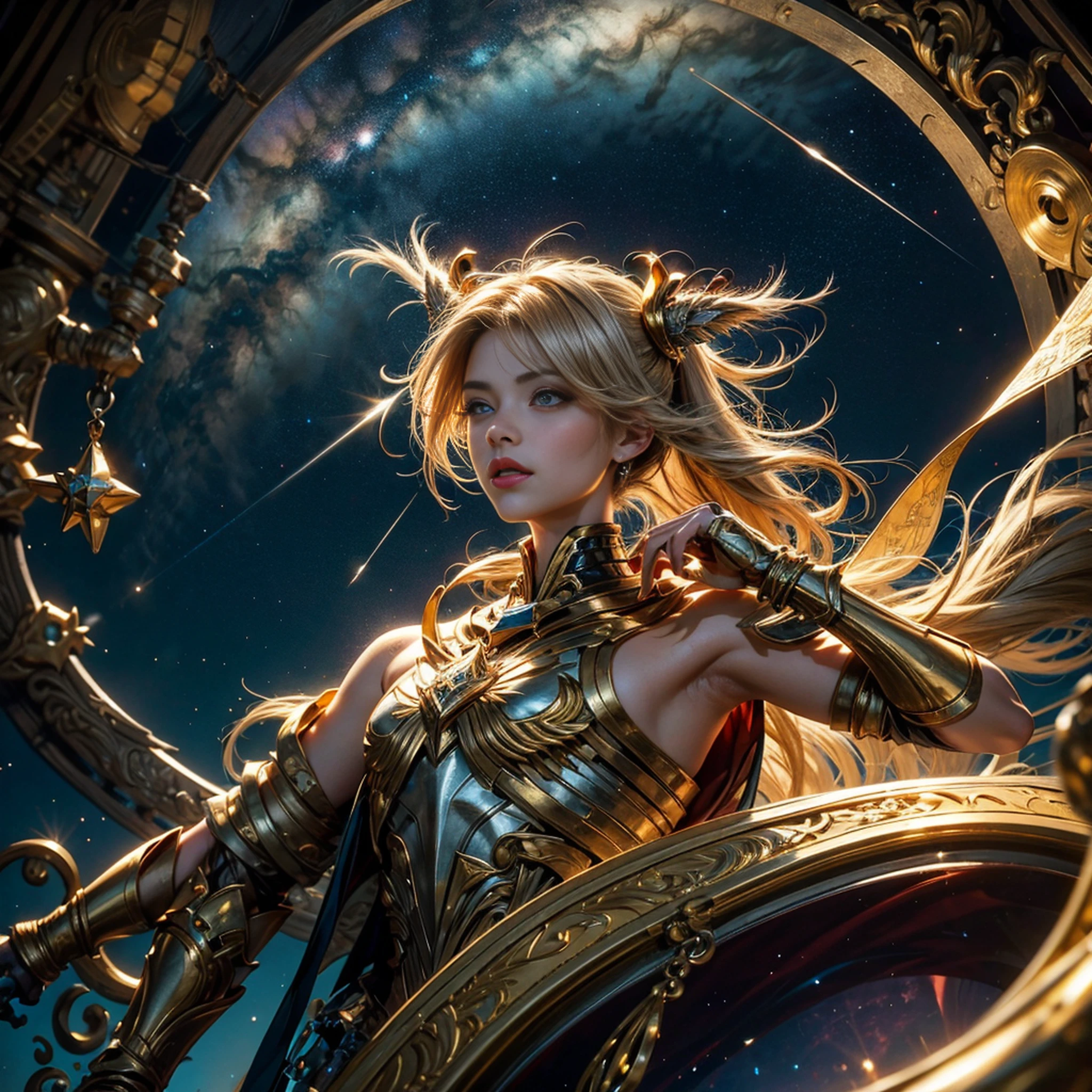 Image of Sagittarius，Sagittarius golden magical astrolabe，Sagittarius character in a starry costume，（The upper body is the image of the human body, The lower body is the body image of a horse），((Charming female character from Sagittarius:1.2),(Symbol of Sagittarius:1.1),Starryskyfundo,As estrelas brilham,A sense of mystery,cosmic elements,Atmosfera majestosa e profunda,Lindos detalhes decorativos,olhos hipnotizantes,cabelos longos escorrendo,Enfeite Starlight,cores dos sonhos)