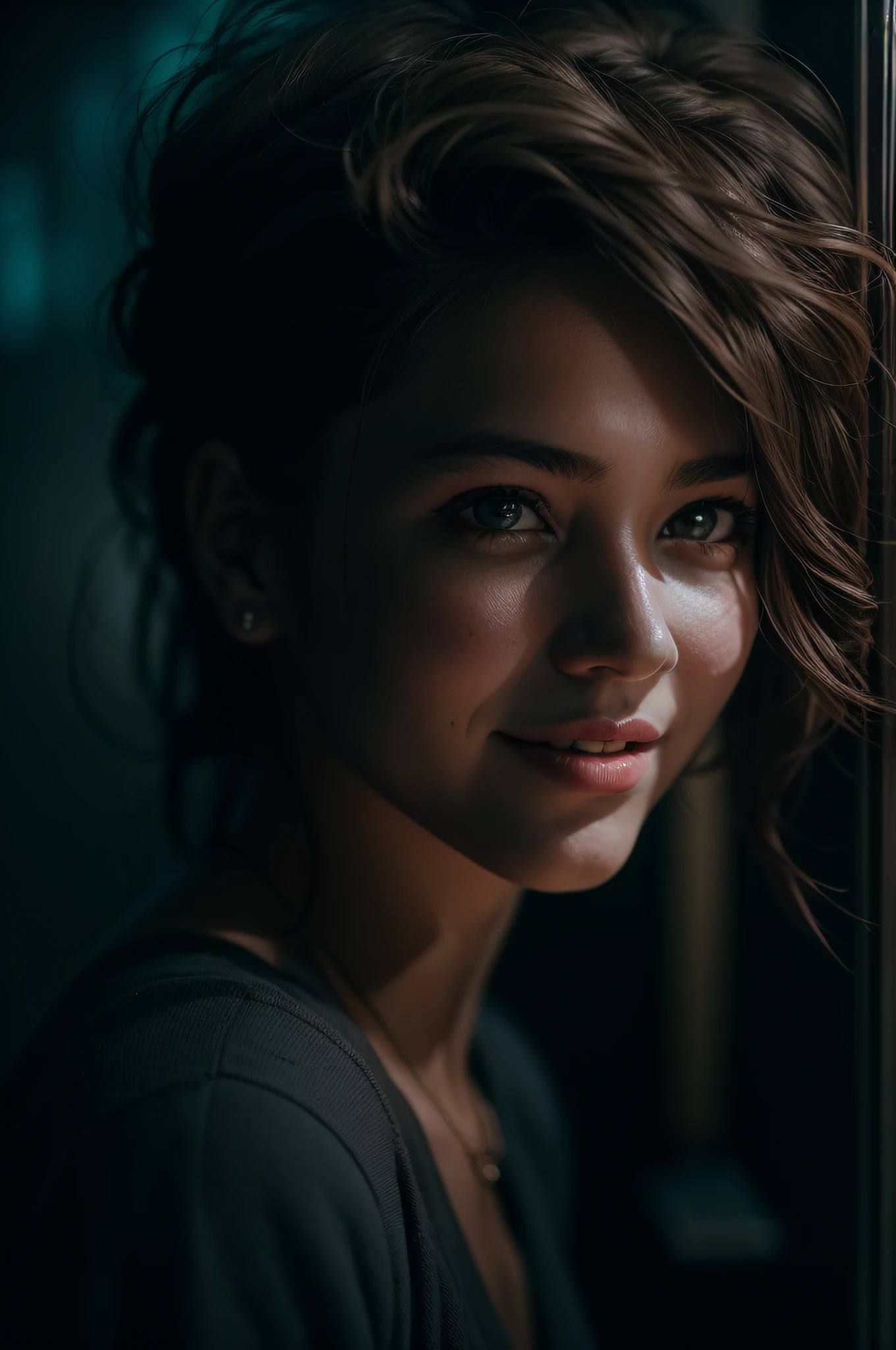 (close-up, editorial photograph of a 21 year old woman), (highly detailed face:1.4) (smile:0.7) (background inside dark, moody, private study:1.3) POV, by lee jeffries, nikon d850, film stock photograph ,4 kodak portra 400 ,camera f1.6 lens ,rich colors ,hyper realistic ,lifelike texture, dramatic lighting , cinestill 800,