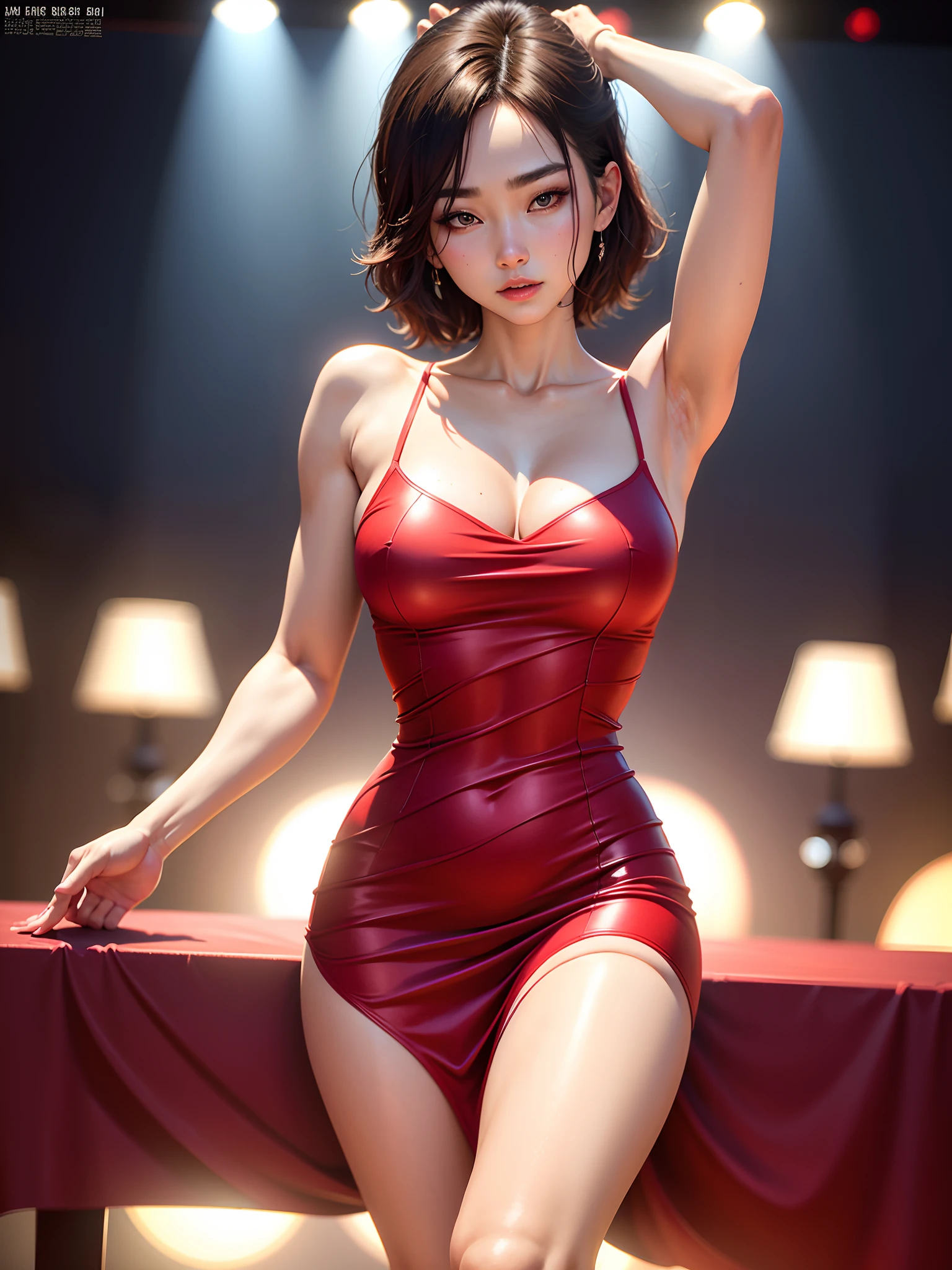 Ace, 4k, High Resolution, Masterpiece, Best Quality, Head: 1.3, (Korean K-pop Idol), Fine Skin, Sharp Focus, (Cinema Lighting), Clavicle, Morning, Soft Light, Dynamic Angle, [: (detailed face:1.2):0.2], armpit wrinkles, thigh gap, red dress, slim, mid-chest, cleavage, full body,