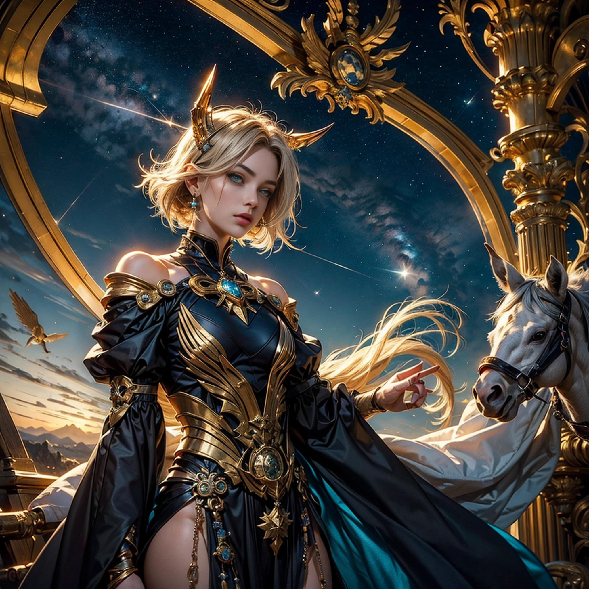 Image of Sagittarius，Sagittarius golden magical astrolabe，Sagittarius character in a starry costume，（The upper body is the image of the human body, The lower body is the body image of a horse），((Charming female character from Sagittarius:1.2),(Symbol of Sagittarius:1.1),Starryskyfundo,As estrelas brilham,A sense of mystery,cosmic elements,Atmosfera majestosa e profunda,Lindos detalhes decorativos,olhos hipnotizantes,cabelos longos escorrendo,Enfeite Starlight,cores dos sonhos)