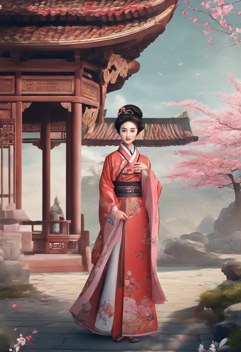 (Poster design),((Lichun poster)),Spring flowers,chinese traditional architecture,,A woman wears Hanfu,Landscape of people,Chinese traditional style