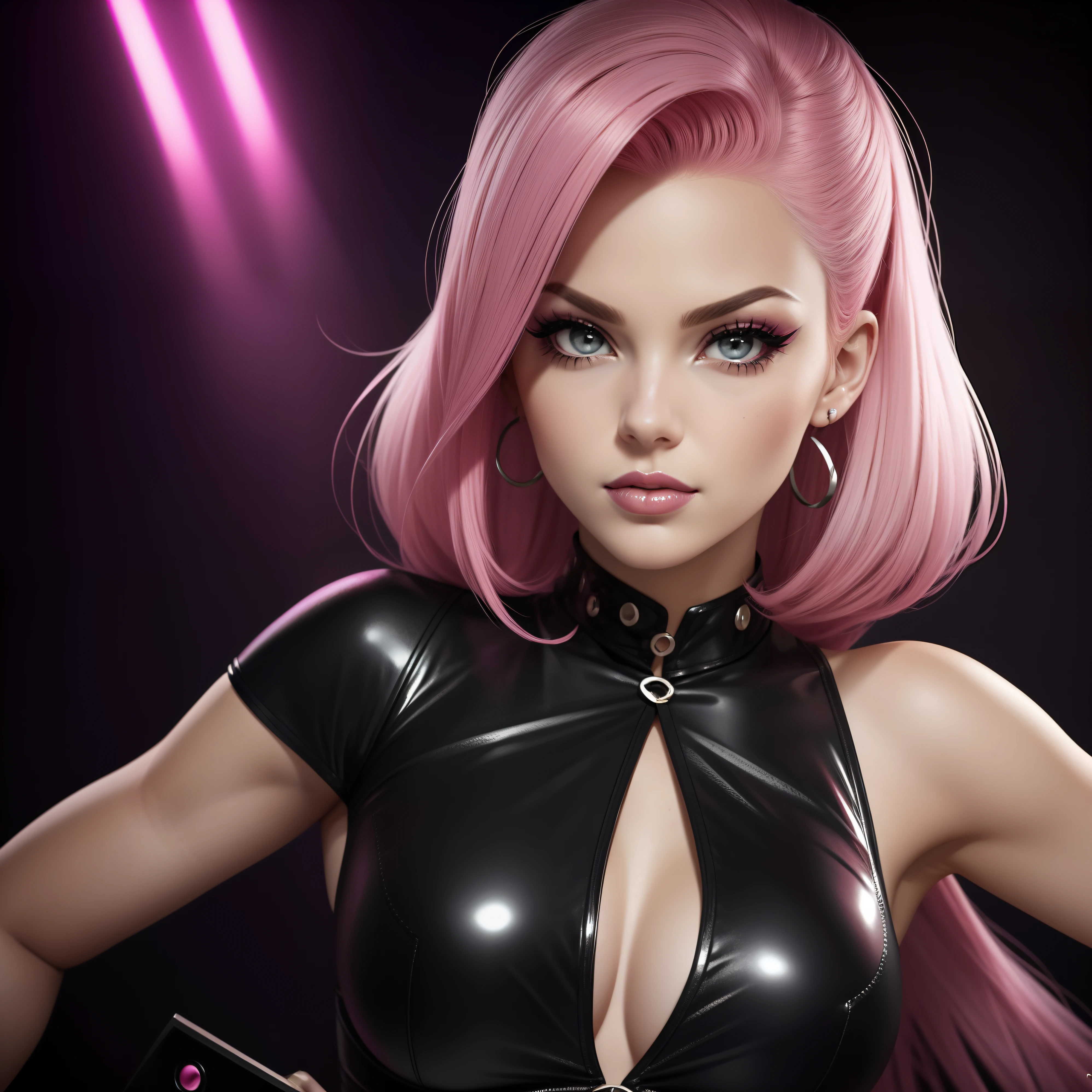Pink-haired  Femme fatale Pin up Girl, Black Faux, Lustrous zomp eyes, Striking a pose