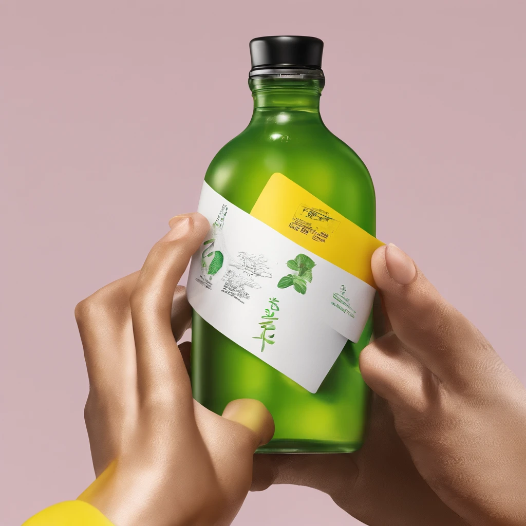 a muler holding this close-up with her right hand placing over a bottle a closeup of a green container with a yellow feather, foto oficial do produto, #verde, VTM, foto do produto, 2 0 1 9, 2019, imagem oficial do produto, Very dynamic, Vietname, V - Fim, Vibrant and dynamic, VTMB, em 8 k, product introduction photo, Ji-Min, 2020