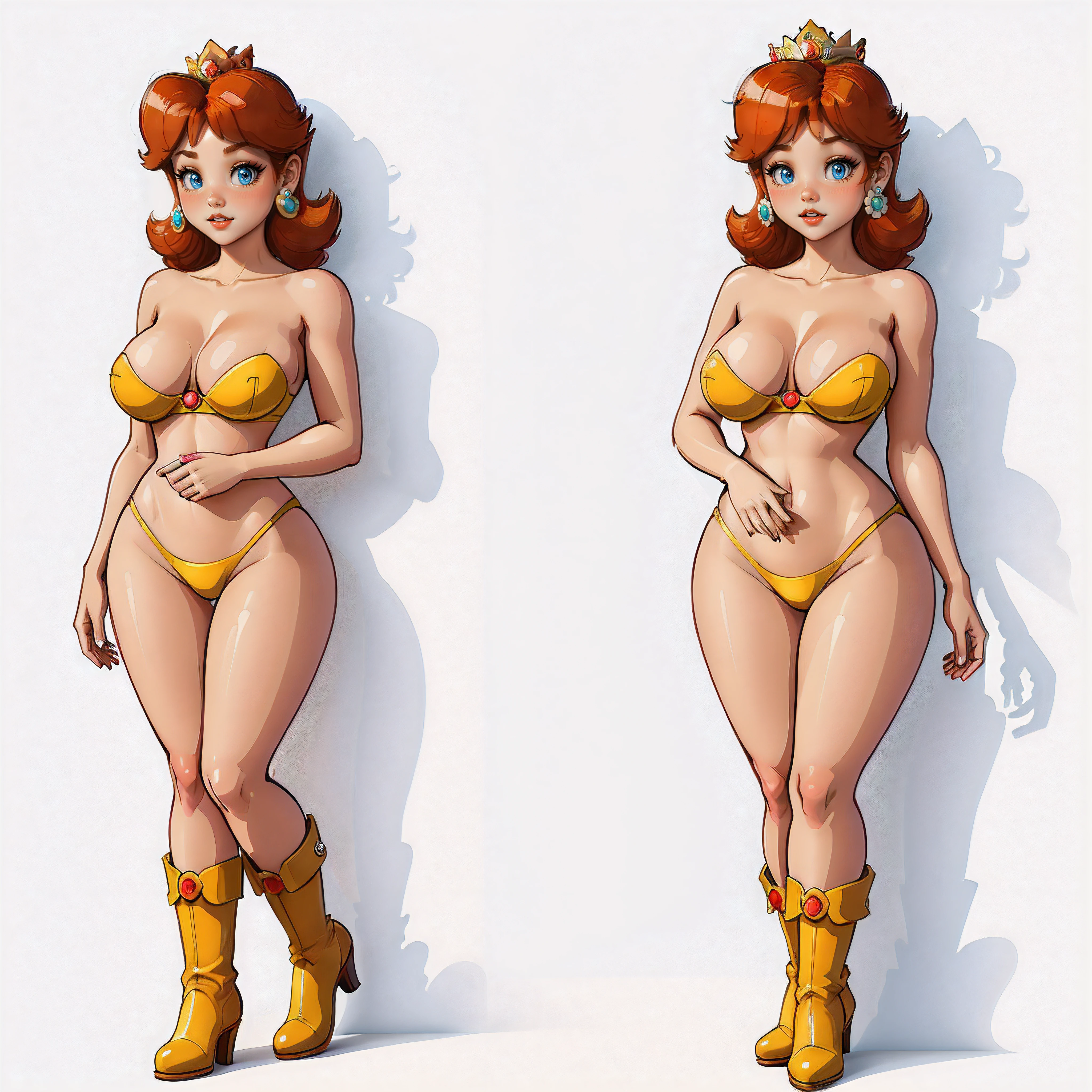 STICKER, A detailed illustration of a vivid Sexy Princess Daisy from Mario naked, bare breasts, face view, ass view, side by side, Solo Female, medium breasts, full cleavage, Full Body View, high heeled boots, legs apart, hands behind her body, vintage t-shirt design, in the style of hand drawing, 3D vector art, fantasy art, watercolour effect, Adobe Illustrator, hand-drawn, digital painting, low-poly, soft lighting, isometric style, retro aesthetic, focused on the character, 4K resolution, photo realistic rendering, using Cinema 4D,
