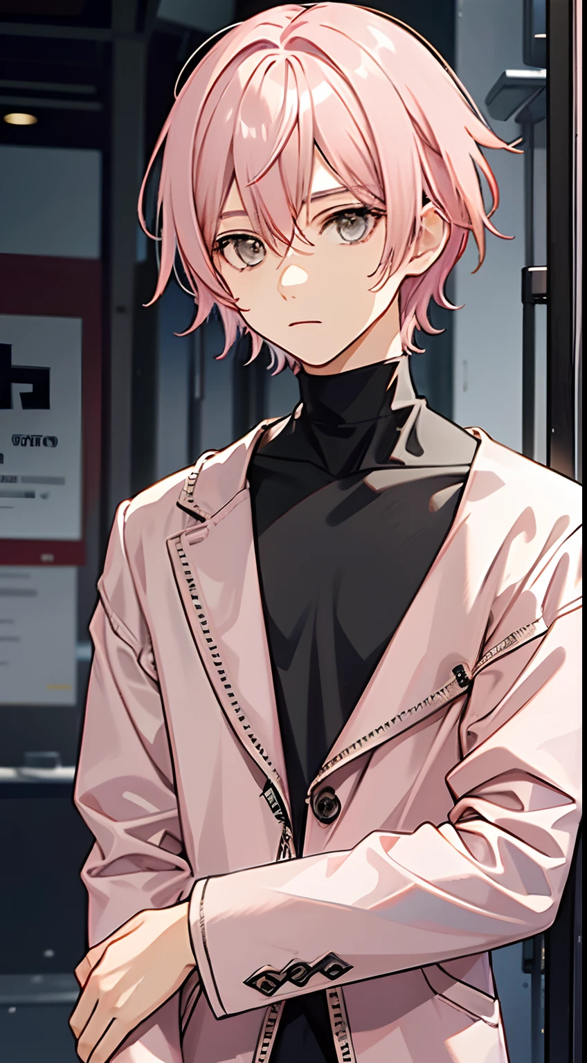 1boy, ((light pink hair color)) , short hair, black clothes, (grey eyes color)