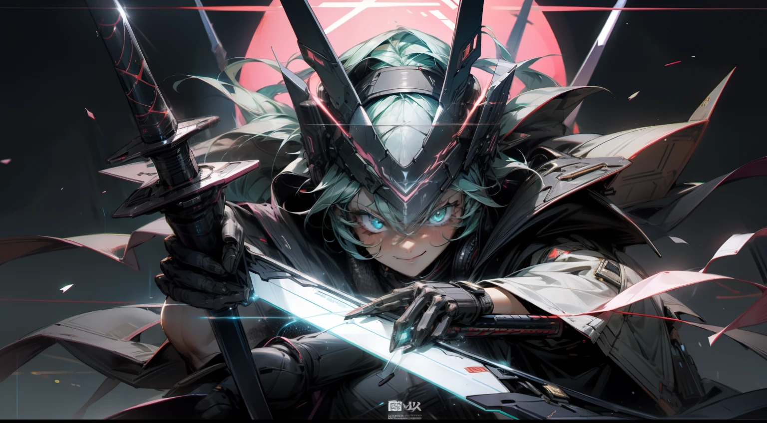 cyberpunked、Super super huge big、smil、glowing sword