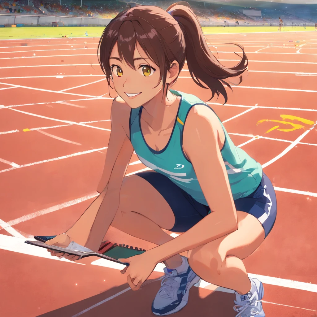 Describe a scene where a tall, female track and field coach is standing next to a girl who is sitting in the bleachers, observando atentamente alguns atletas correndo na pista de atletismo. The coach is remarkably tall, Standing out from the crowd. She wears typical trainer clothes, incluindo uma camiseta esportiva amarela, shorts, Sneakers and a clipboard in your hands. The girl seems to be completely absorbed in the action, com os olhos fixos nos corredores que passam por ela. The tall coach is next to the girl, observando a pista com um olhar atento e orgulhoso. Ela tem um sorriso discreto no rosto, demonstrating his support for the girl and his passion for the sport. The athletics track in front of you is illuminated by the sun, destacando os corpos suados dos corredores em movimento, enquanto a e sua treinadora alta permanecem ali, maravilhadas com a cena diante delas.