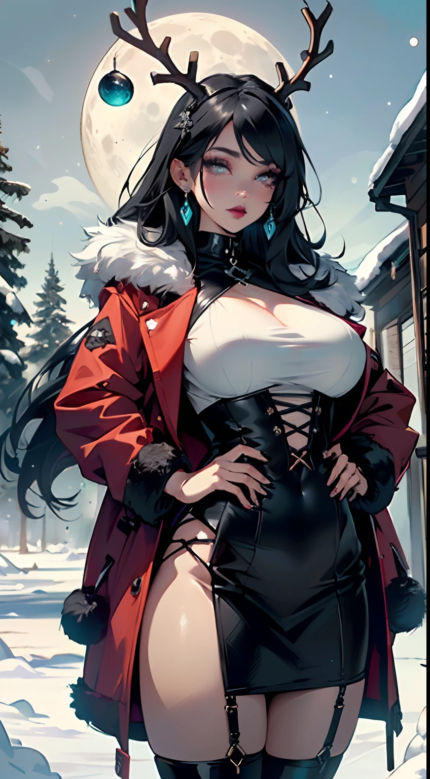 goth girl,(((1girl))),((extremely cute and beautiful black haired anime goth girl)),(((16 years old))),

(large breasts:1.4),saggy breasts,((((black wavy hair:1.35,absurdly long unkempt hair,messy hair,colored inner hair,ear breathing)))),((heterochromia:1.5,eye1 purple,eye2 red))),intricate eyes,beautiful detailed eyes,symmetrical eyes,((fat)),(((lustrous skin:1.5,bright skin: 1.5,skin tanned,shiny skin,very shiny skin,shiny body,plastic glitter skin,exaggerated shiny skin,illuminated skin))),(spider lower abdomen,narrow waist,wide hip,athletic body,inflated legs,delicate detailed fingers,detailed body,detailed arms,human hands,(detailed face)),

cute,slutty,seductive,erotic,(nsfw),

zettai ryouiki,revealing clothing,show skin,(((Sexy goth fur coat, goth fur coat outfit, wearing a goth fur coat:1.3,black winter coat))),((black mini-skirt,black mini skirt with furry edge,visible thong straps)),((black corset)),(black gloves,black gothic clothes,semi-naked,with little goth clothing),(((Black Eyeshadow,Thick Black Eyeliner,Long Dramatic Eyelashes,Black Lips,Goth Accessories,intricate makeup))),(((lace on your clothes,intricate outfit,intricate clothes,embroidered outfit,ornate outfit))),


(dynamic pose:1.0),embarrassed,(centered,scale to fit dimensions,Rule of thirds),

((snowy pine forest at night)), with dark stormy clouds,winter,scenery:1.25,((snow forest background)),Christmas tree,

highres,sharp focus,(ultra detailed,extremely detailed),(photorealistic artwork:1.37),(extremely detailed CG unity 8k wallpaper),(((vibrant colors,vibrant theme))),(intricate),(masterpiece),(best quality),