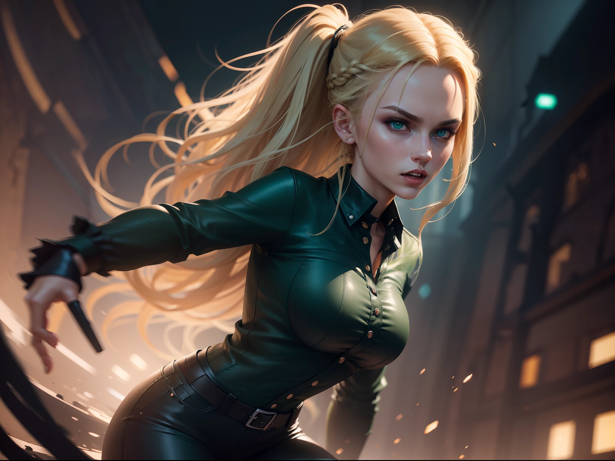 a beautiful 25 years old British female vampire, with braided blonde hair, wearing dark green shirt and black tight pants, splash art style, battle ready pose, dynamic angle shot, photo realism, volumetric lighting, intricate hand details, highly detailed, vibrant colors, cinematic, neoprene, featured on Unsplash, stylized digital art, 8k, trending on Artstation