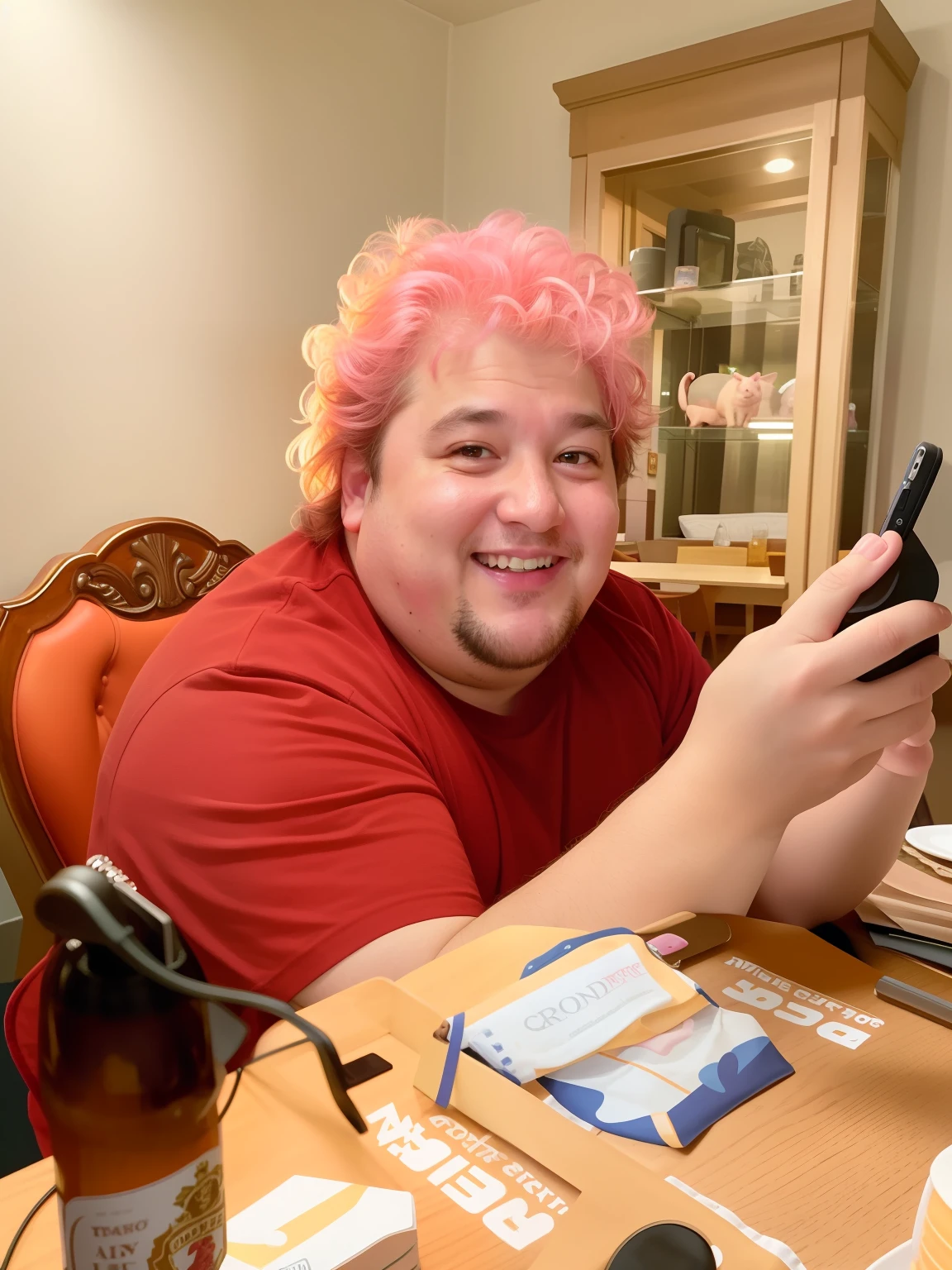 there is a pig sitting at a table with pig face, pig ears, pig nose, pink hair and a cell phone, andy milonakis, lawther sit at table playing dnd, twitch streamer / gamer ludwig, looking at his phone, pig face , he is holding a smartphone, profile picture 1024px, taken in the early 2020s, facebook post, very very low quality picture