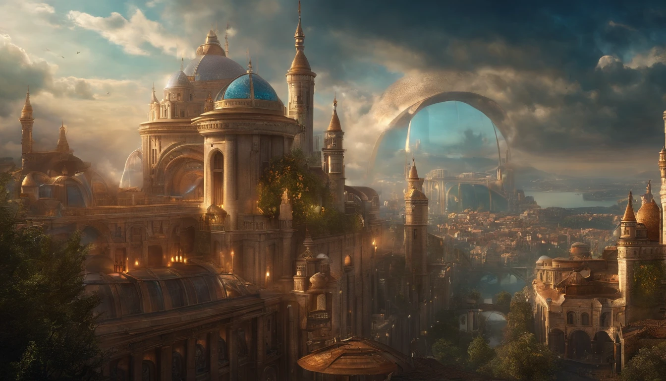 Fantasy art, steam punk, realistic magical city in the sky, Magonia, photorealistic, cinematic, photo, conceptual art,