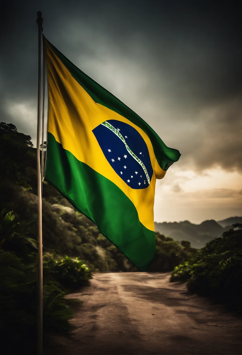 A sensual woman in short shorts from behind holding a flag, This flag is from Brazil, she is in a slum, and in the background there are several armed men