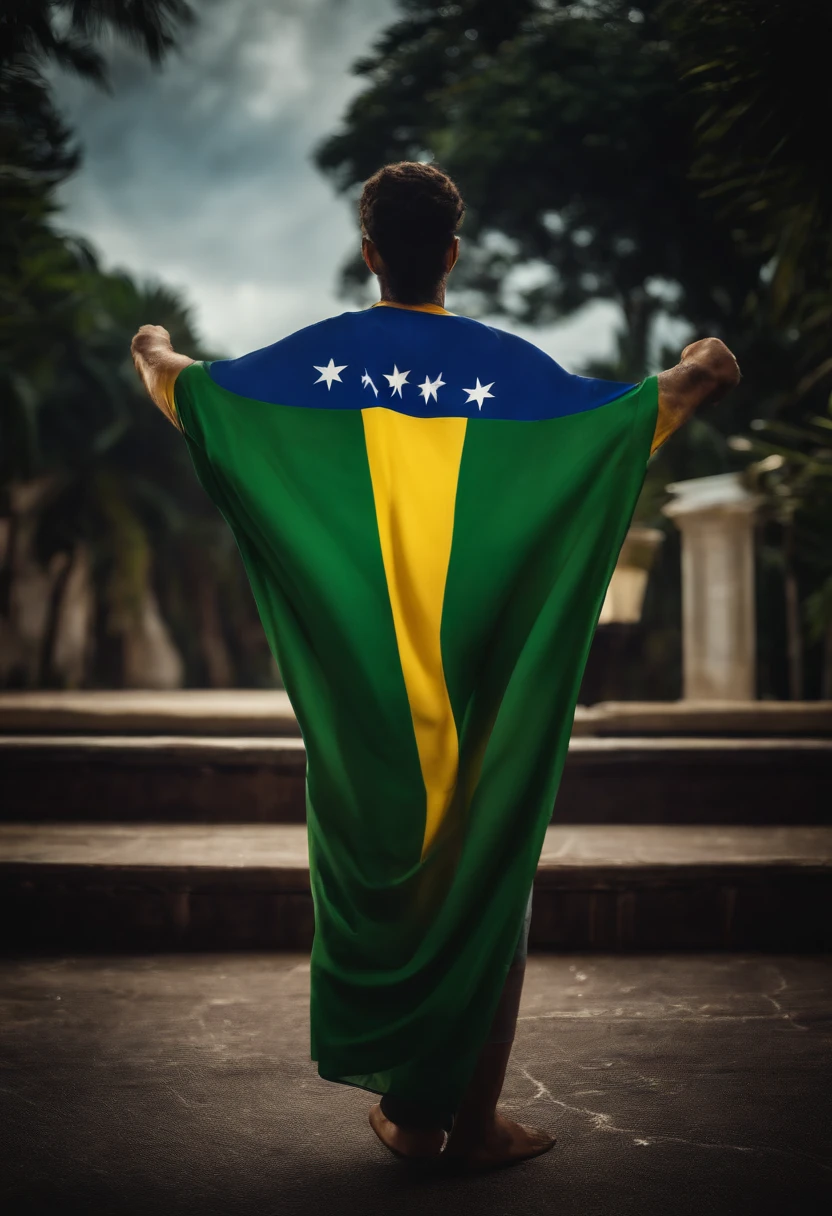 um homem, moreno, cidade, In the middle of the crowd, standing and looking at the flag of Brazil, em um rua no Brasil, varias pessoas na mesma imagem, todas as pessoas brasileiras, Various ethnicities