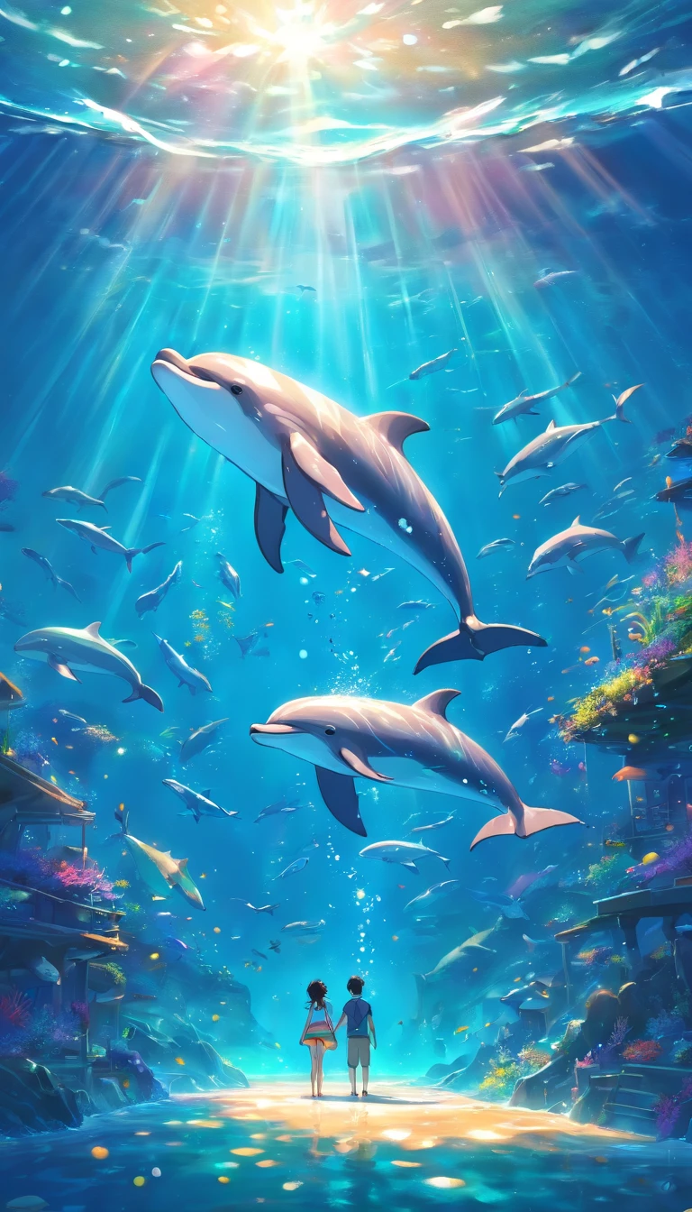 k hd,dream magical,scenecy,photorealestic,Painting of dolphins swimming in colorful ocean, Look up at the composition, Jellyfish and whales, Inspired by Cyril Rolando, A beautiful artwork illustration, author:Shitao, colorful concept art, Makoto Shinkai Cyrillo Rolando, In the style of Cyril Rolando, whale, Highly detailed watercolor 8K, highly detailed water colour 8 k,octane,the end,Realistic,8K,Estilo de Makoto Shinkai( reasonable design, 清晰的线条, High- sharpness,Best quality, Very detailed, Master parts, movie light effect, 4K ),A boy and a girl swim at the bottom of the sea,dream magical,The fish,
