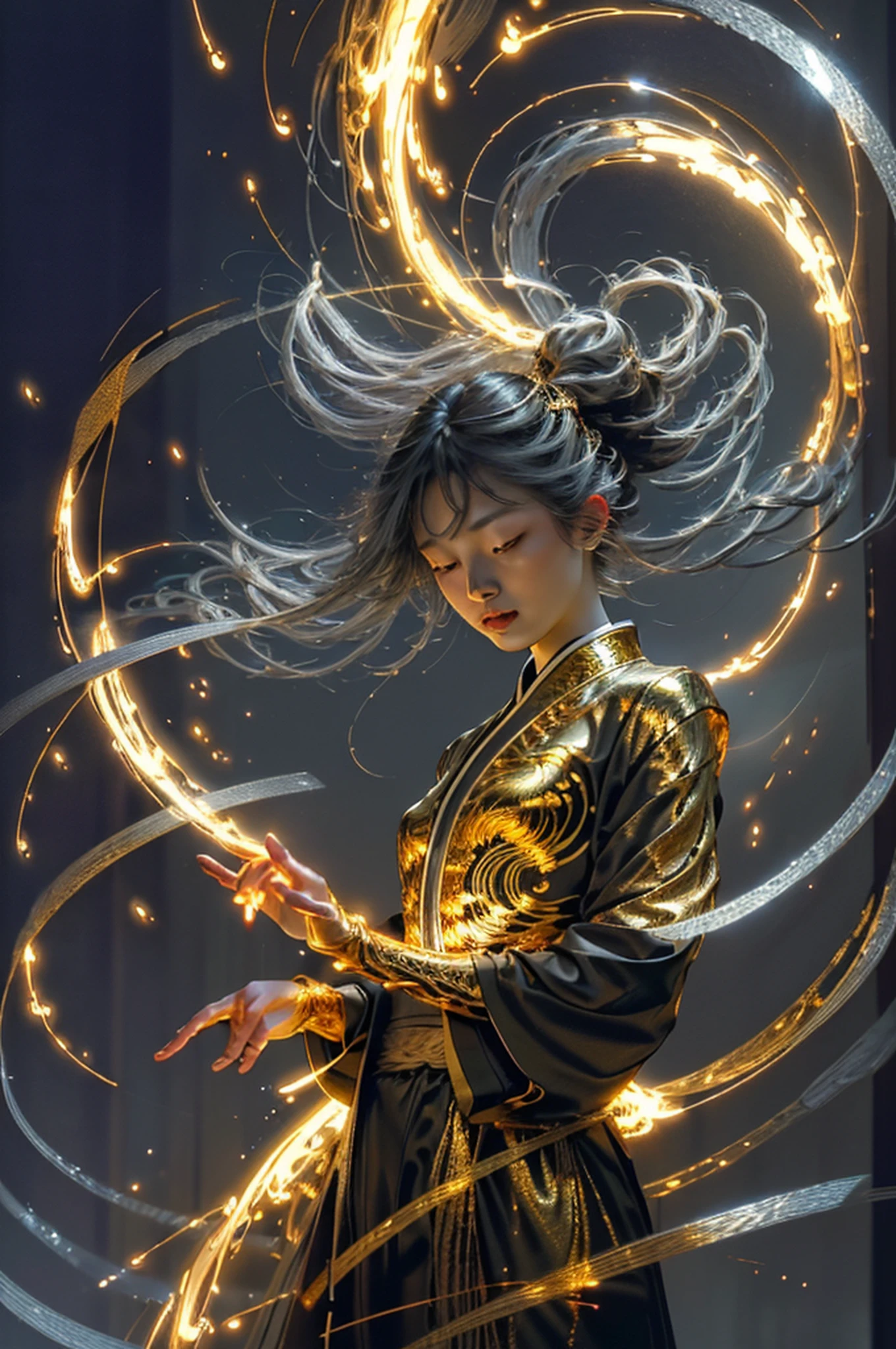 Best quality,masterpiece,ultra high res,solo,1girl, ,roujinzhi,Chinese Zen style,impactful picture,translucent and glowing metallic patterns,(glowing metal objects hovering in the air and surrounding him:1.2),(Electric arcs and sparks:1.2),(flow of energy:1.2),(translucent magnetic lines:1.2),(golden silver grey and shimmering light effects:1.2),