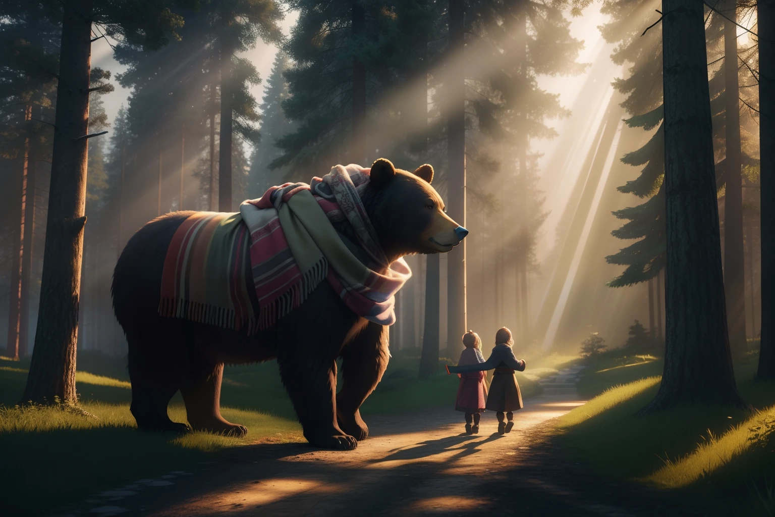 A female bear, tricoting a long scarf for her children, magical forest as background, illuminated by rays of sunshine filtered through the trees, slightly foggy atmosphere highly detailed. 3D characters, animation.