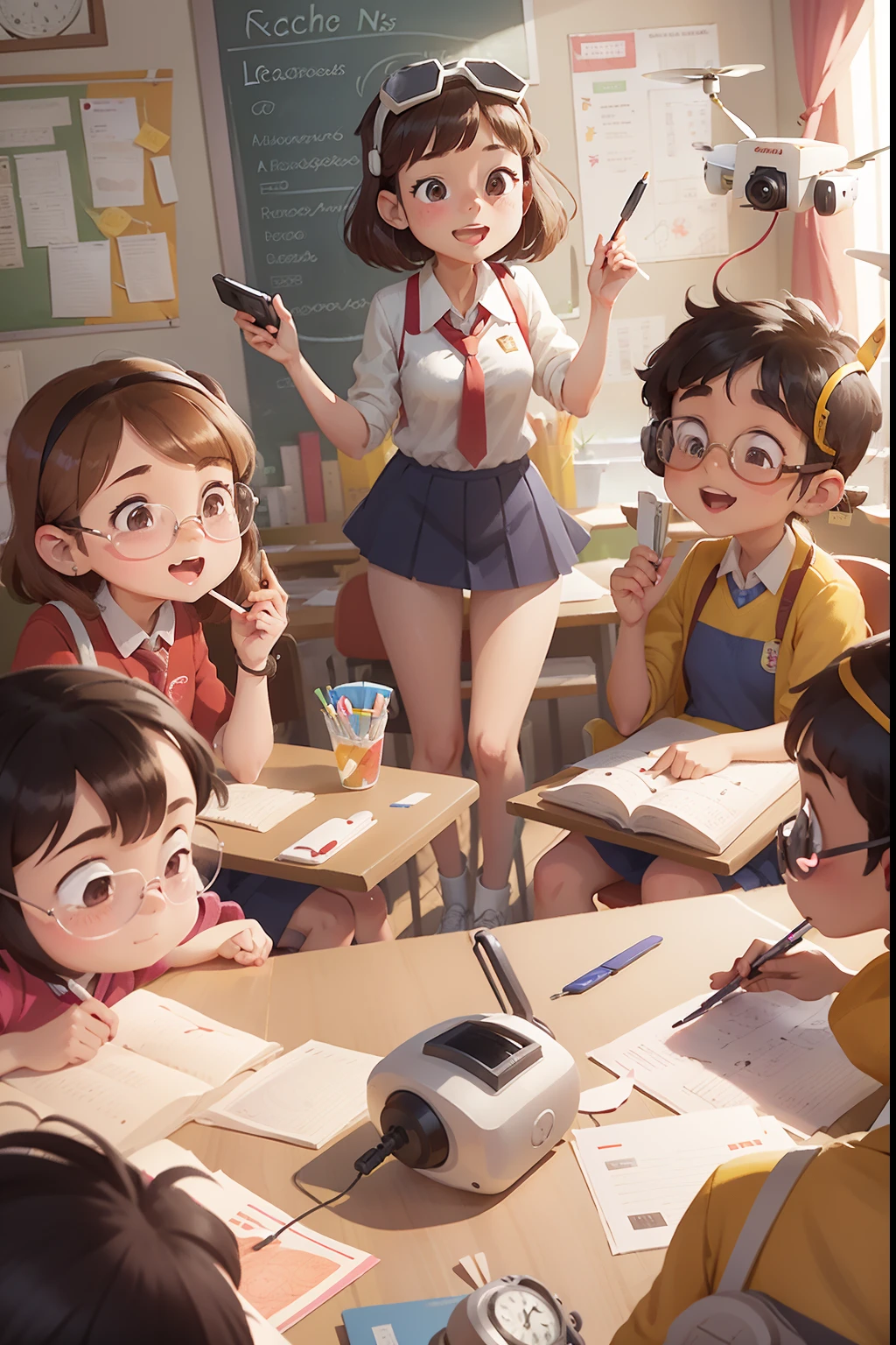 The teacher led the students into the classroom, Decorated with pictorial elements, Some students are operating drones, Some students are using cartographic tools, Some students are playing with virtual reality, The teacher is taking pictures of the students with a video camera. Cartoon image with bright background、plethora of colors, Rich detailed background with digital media elements