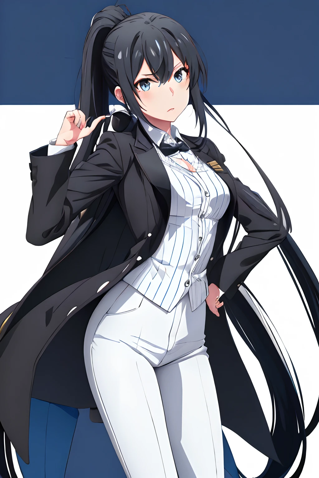 1Best Quality Girl,highres,ponytail ,white pants ,long hair,1girl, Yukinoshita , Butler tail coat ,Black hair, eyes blue,Tail coat,striped,tight pants ,black shirt ,school background , looking at the scenes,Badass Butler, wallpaper, Princely Female, powerful colors