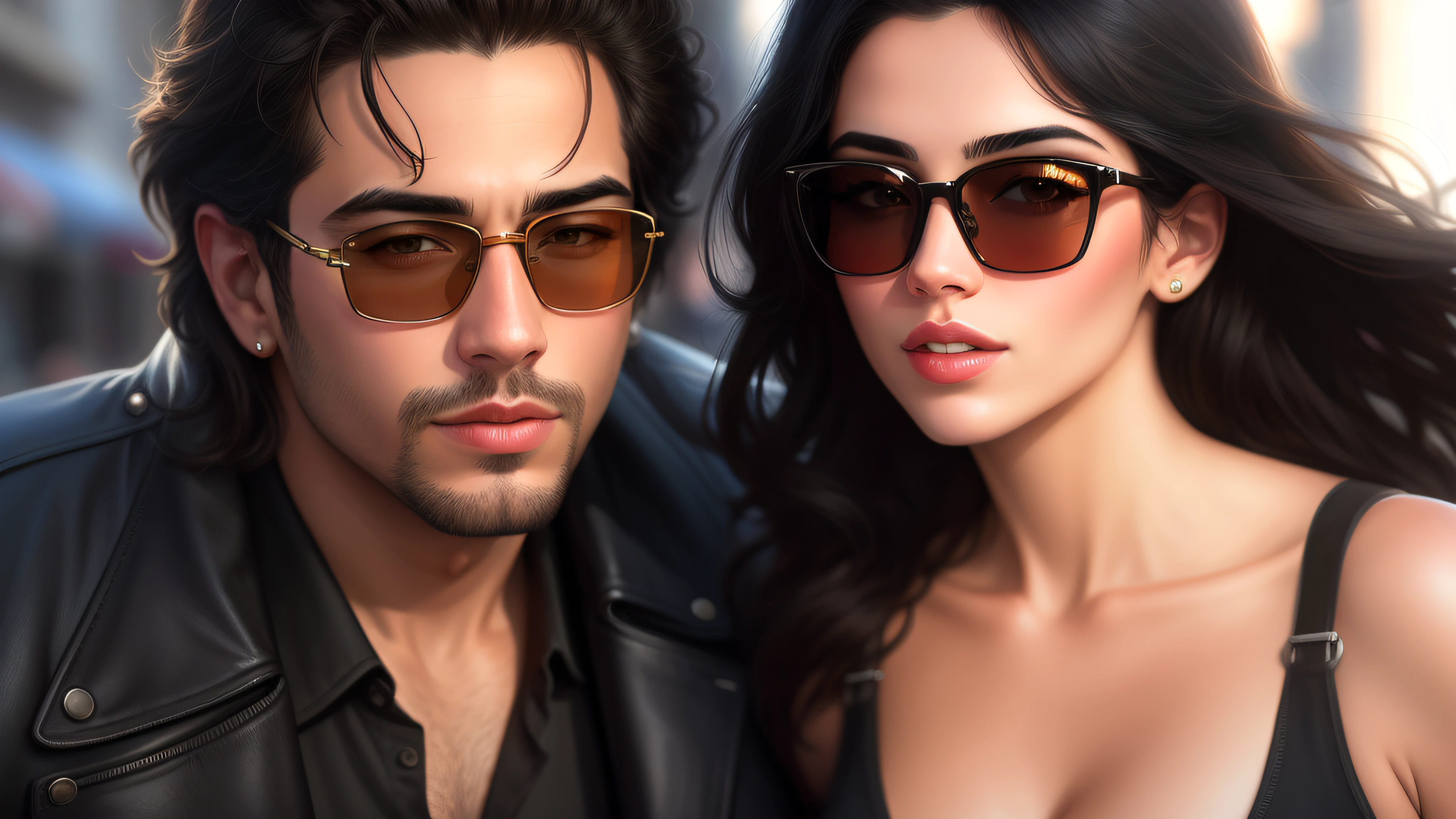they are two people posing for a picture in the street Al Pachino, Noor Alfallah with sunglass, photorealistic artstyle, designer sunglasses, style ivan talavera and artgerm, photorealistic art style, sunglasses, wlop and andrei riabovitchev, photorealistic picture, cg art, high quality photorealism, realistic art style, digital art. photo realistic