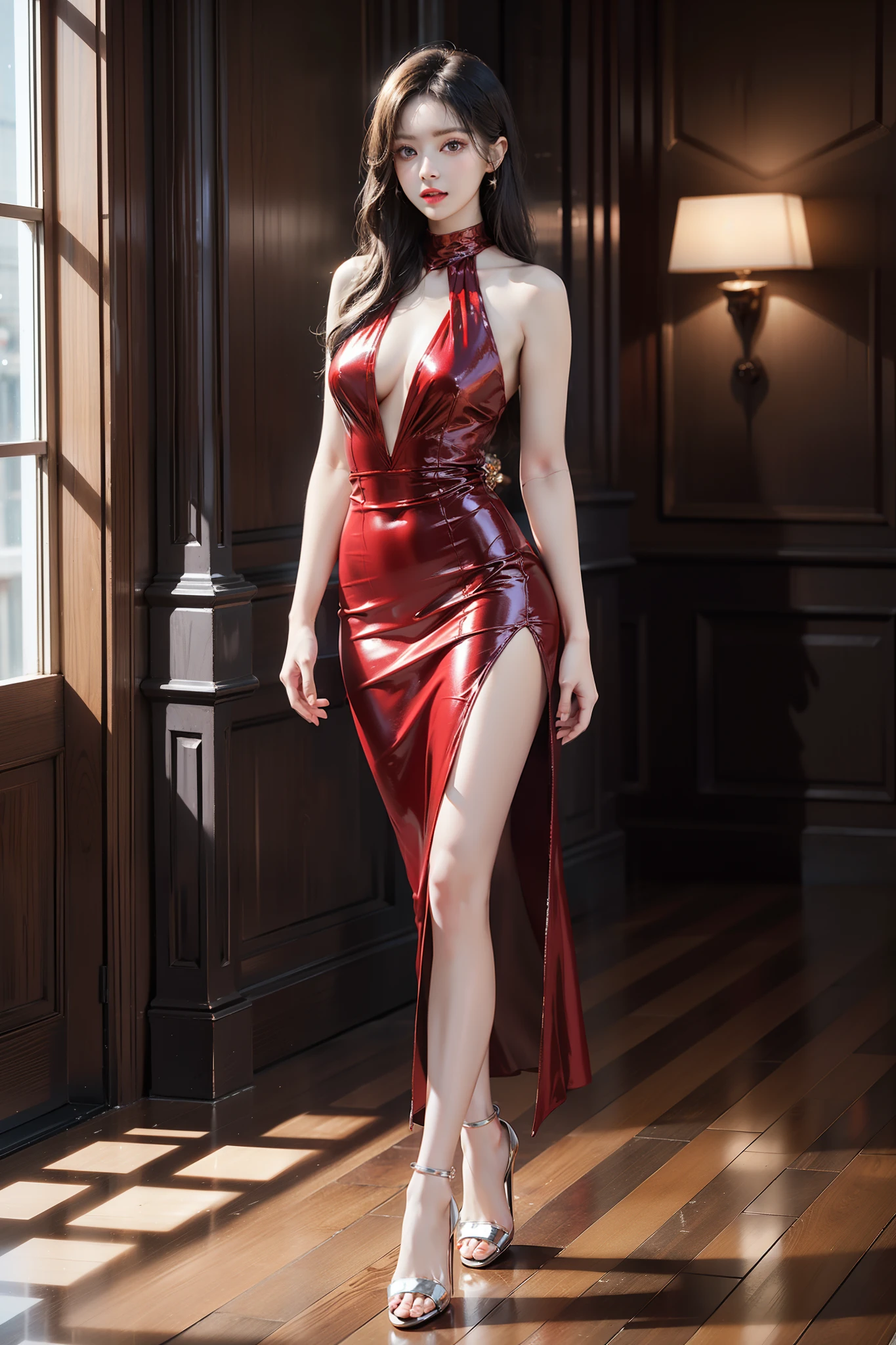 Red slit cheongsam、1 girl in dressing room、Full body like、A sexy、20yr old、nedium breasts、Makeup、