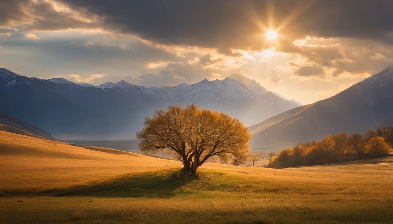 A steppe,There is a big tree in the middle,Surrounded by rolling mountains surrounded by large trees,A ray of light shone on the tree,The picture is quiet and serene