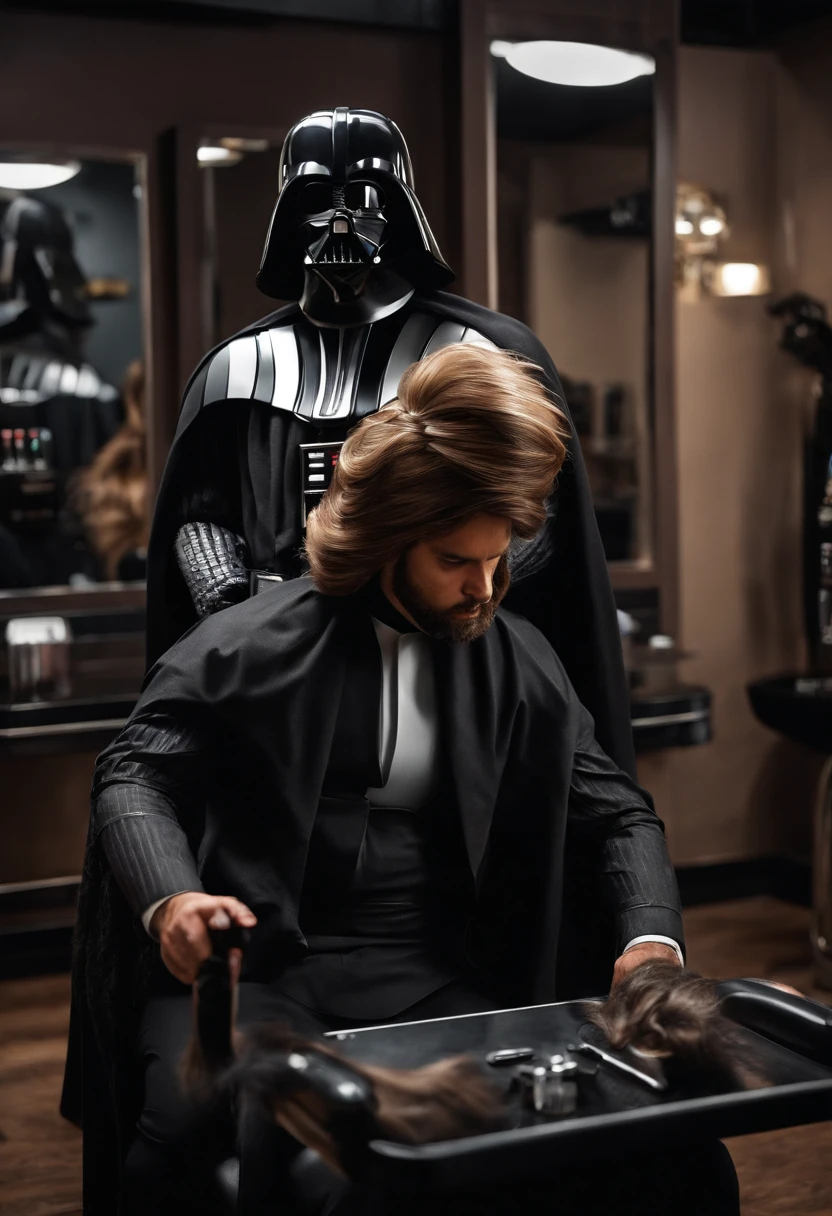 "(Darth Vader cutting Chewbacca's hair at a hair salon) with incredible detail, qualidade excepcional, unique atmosphere, lighting dramatic, sombras realistas, striking expressions, ambiente futurista, dramatic contrasts, efeitos especiais impressionantes, atmosphere of mystery and immersive realism."