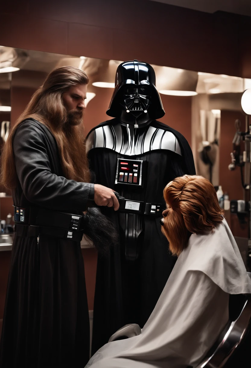 "(Darth Vader cutting Chewbacca's hair at a hair salon) with incredible detail, qualidade excepcional, unique atmosphere, lighting dramatic, sombras realistas, striking expressions, ambiente futurista, dramatic contrasts, efeitos especiais impressionantes, atmosphere of mystery and immersive realism."