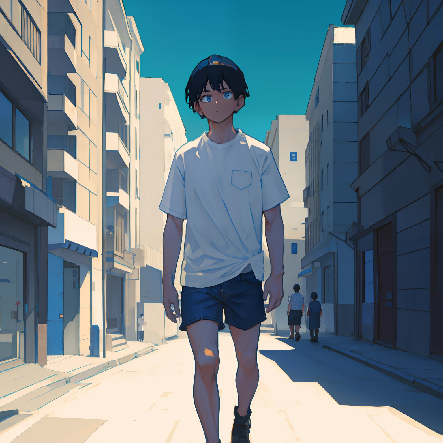 1boys, short black hair, blue eyes, wearing plain white shirt, denim shorts, city, absurdres, high res, ultrasharp, 8K, masterpiece, looking at viewer