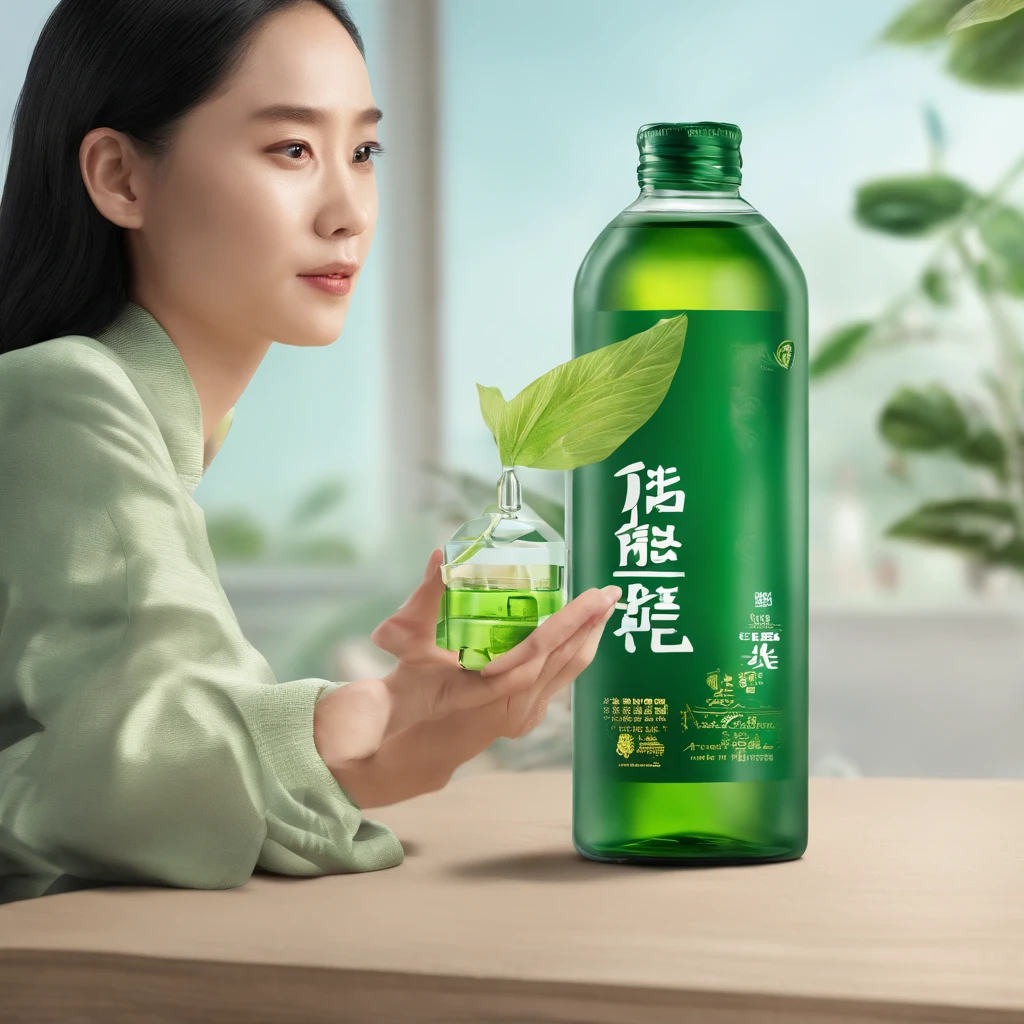 a muler holding this container with her right hand placing it over a glass bottle, a green container with a high yellow resolution, foto oficial do produto, #verde, VTM, foto do produto, 2 0 1 9, 2019, imagem oficial do produto, Very dynamic, Vietname, V - Fim, Vibrant and dynamic, VTMB, em 8 k, product introduction photo, Ji-Min, 2020