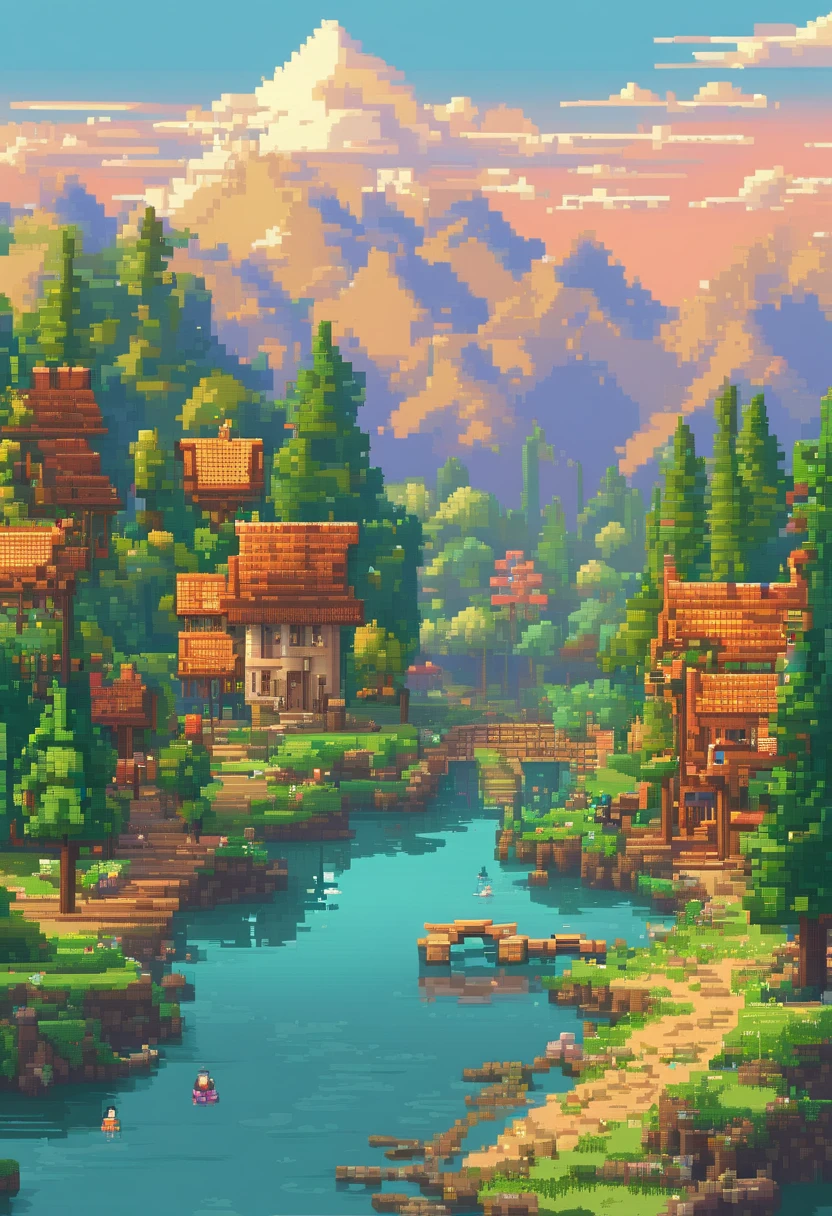 Pixel art tourism landscape. Evening. 3D pixel art 4K wallpaper. Incredible pixel art detail. Pixel art. The snow melts.it´s spring.full of life. Detailed Unreal Engine pixel art