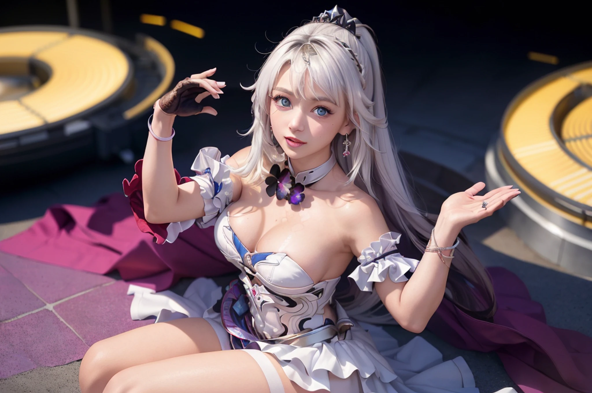 best quality, masterpiece ,   RAW photo , stunningly beautiful   ( kiana_hofi,long_hair, breasts, looking_at_viewer, bangs, blue_eyes, hair_ornament, dress, cleavage, gloves, crown, hair_ornament, black_gloves, medium_breast, hair_between_eyes, bare_shoulders, jewelry, ponytail, ahoge, white_hair, earrings, white_dress, white thighhighs :  1.2)   ,  Gentle doe grazes in meadow,     wearing sarong  , (  hair over right eye  : 1.2 ) ,  ( the perfect ass),  (detailed face), vibrant eyes  ,  (view from_front  ),   ((high detailed skin, realistic skin details)), (visible pores : 0.3 ) ,  ( hiqcgbody : 0.6) ,  panoramic anamorphic ,    sunset    , at  A massive, intergalactic marketplace : 0.75  ,  (view from above  ) ,  ( very detailed background, detailed face, detailed complex busy background : 0.8 ) , messy, ornate,  Powdery colors  , 8k,  lomography ,  subsurface scattering ,   (HDR:1.2)   , shot with Sony a7 IV Mirrorless Camera , 50mm f/1.2 Canon 50