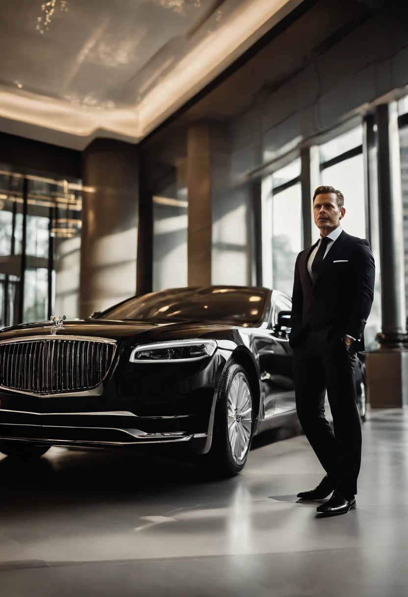 Imagine and describe a multimillionaire businessman in his late forties, dressed in a meticulously tailored black suit. He exudes an air of authority and success, with a confident yet enigmatic demeanour. Depict this character in a scene that conveys his opulent lifestyle and the power he wields in the business world. Use vivid details and emotions to paint a vivid picture of this intriguing figure.