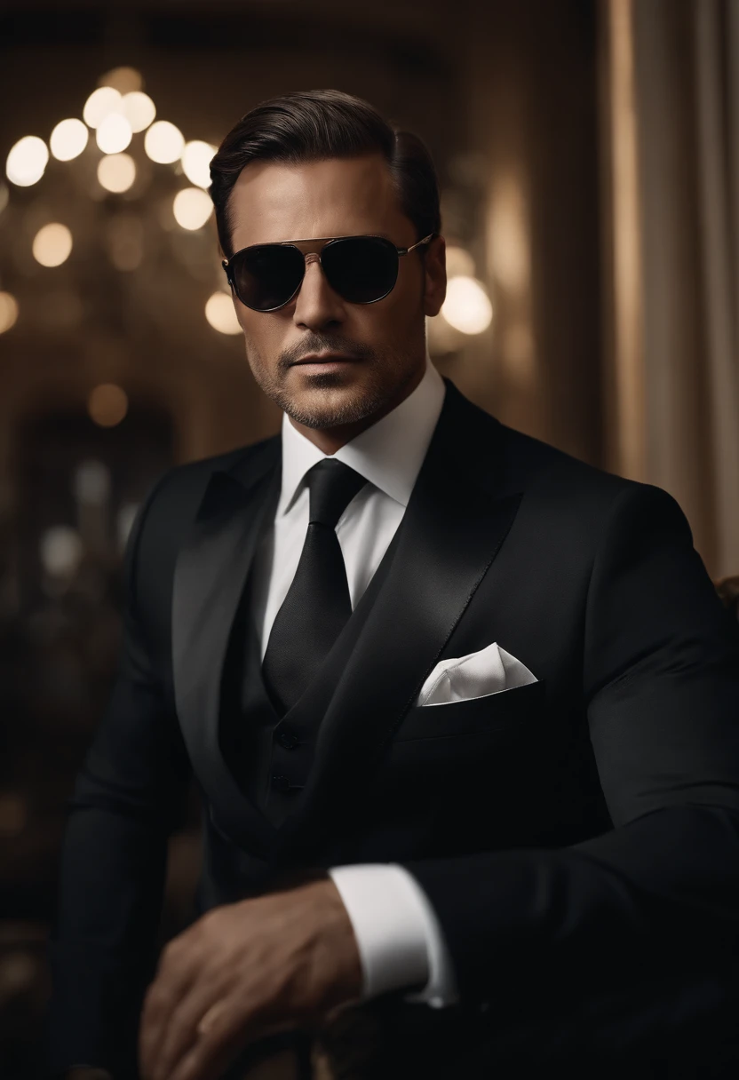 Imagine and describe a multimillionaire businessman in his late forties, dressed in a meticulously tailored black suit. He exudes an air of authority and success, with a confident yet enigmatic demeanour. Depict this character in a scene that conveys his opulent lifestyle and the power he wields in the business world. Use vivid details and emotions to paint a vivid picture of this intriguing figure.