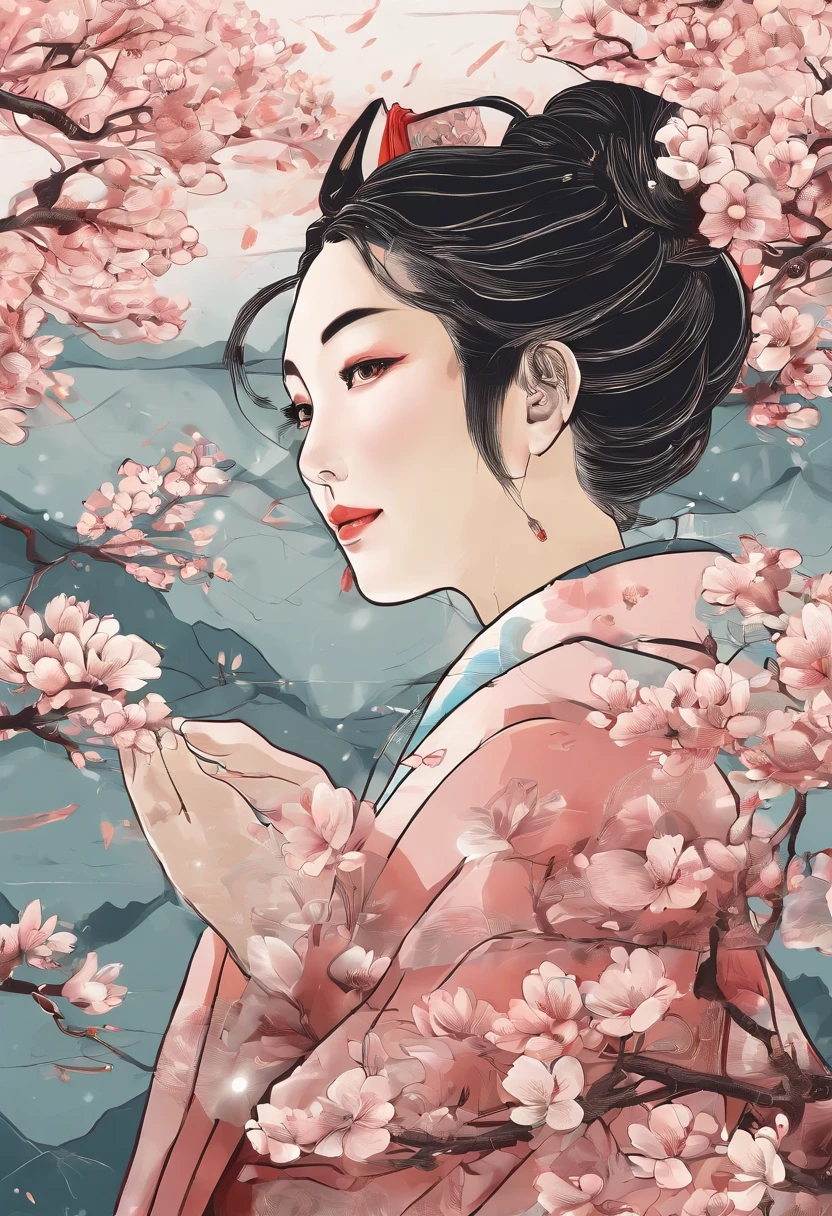 rainwater,Traditional Chinese solar terms,early spring,(((SakuraNS))),National style,There is a snail on the cherry blossoms after the rain,closeup cleavage