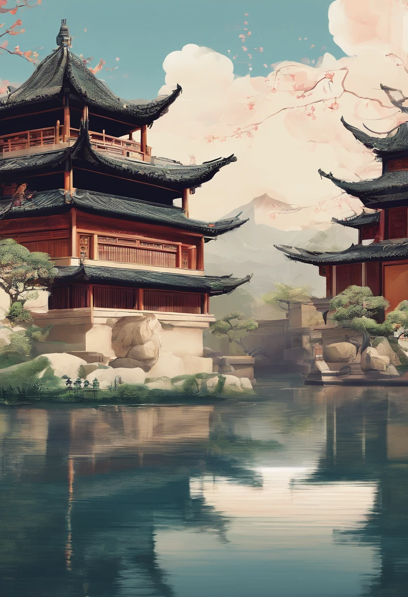 rainwater,SakuraNS,chinese traditional architecture,,A woman wears Hanfu,Landscape of people,(The picture reads Lichun)