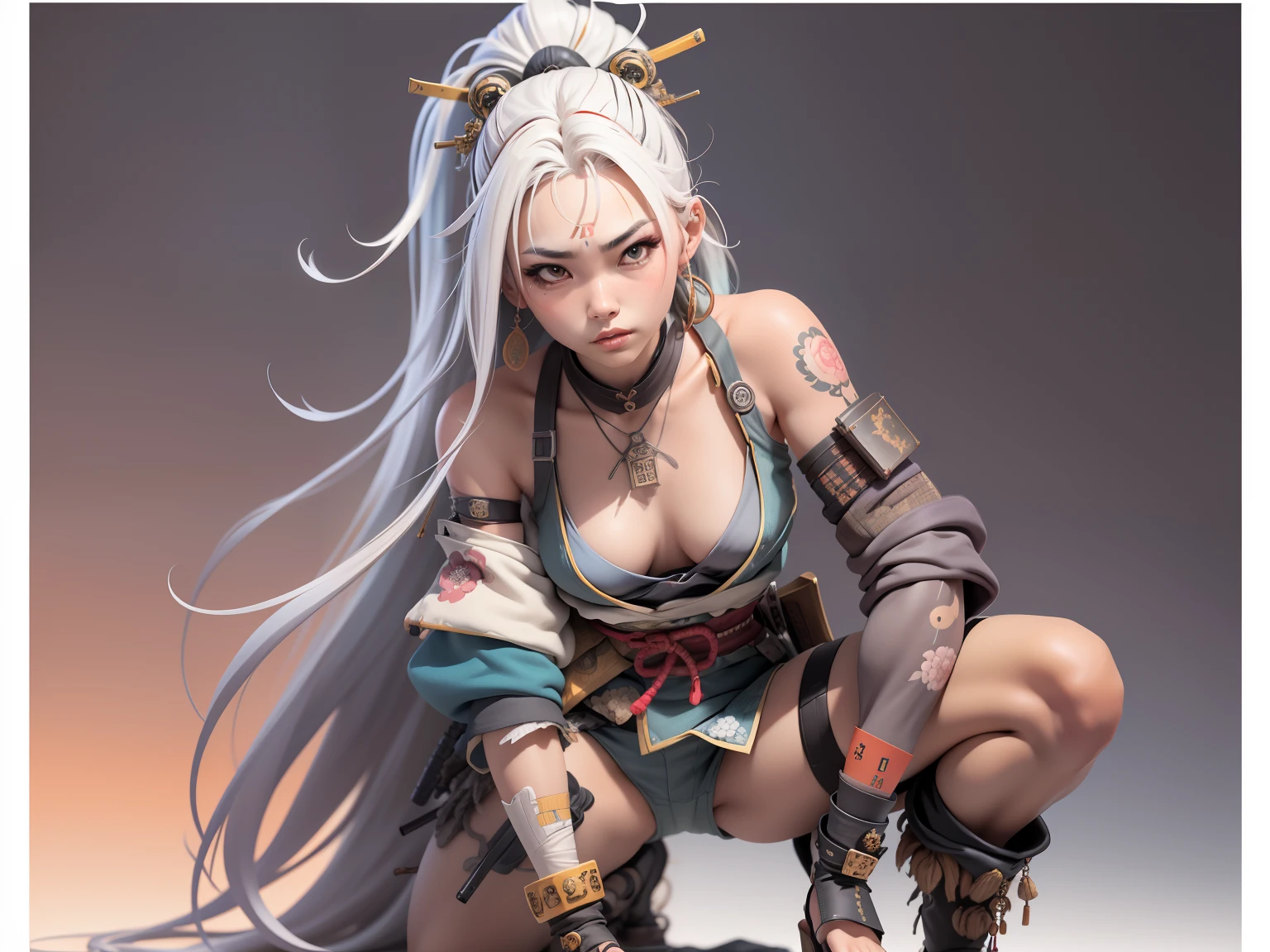 (((woman))), (((best qualityer))), (((tmasterpiece))), (((AS-Adult))), ((( Japanese ))), Look up from your knees, A beautiful asian samurai woman with perfect body, Modern samurai, ((( Asian))), Wear gloves on your hands,The left arm is made of steel and metal tips,Made of protective devices, The eyes are pulled, (( Appears below the breast )), (( Small dental floss )), Simon Bisley, Almost naked(Simon Bisley)Castle City Wilderness,For high-resolution posters, hair straight, Minimum clothing, armure (Crazy clothes ), Full of tips and rivets, tribal tattoos, (((full bodyesbian))), Straight brunette hair,Colored hair ends
