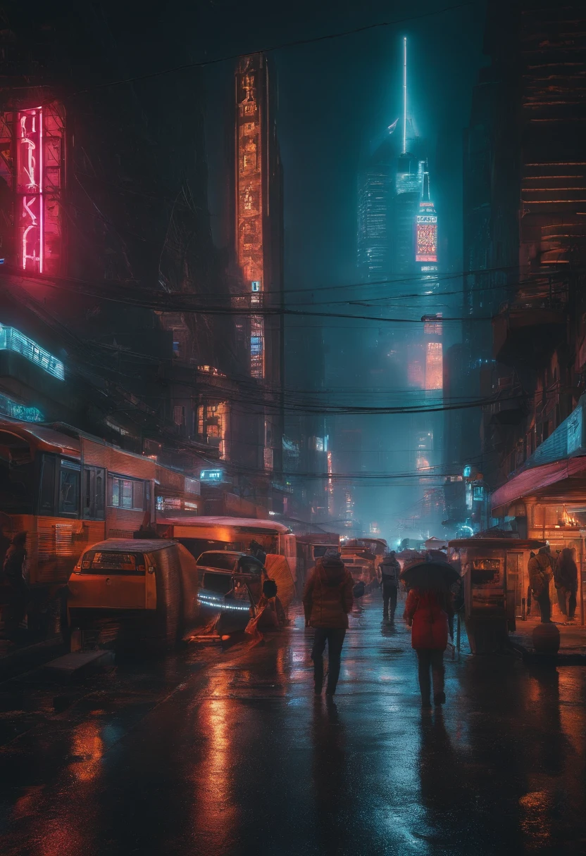 A bustling neon-lit cityscape at night, bathed in the glow of cyberpunk aesthetics and surrounded by towering skyscrapers. The city streets are filled with streams of colorful lights, reflecting off the rain-soaked pavement and creating a surreal and mesmerizing atmosphere. The buildings rise high into the sky, adorned with holographic billboards and flashing neon signs that illuminate the city in a vibrant display of technological marvel.

Within this urban jungle, the streets are bustling with people, their faces partially obscured by the glow of their futuristic implants. The hustle and bustle of the city are apparent as crowds move through the busy sidewalks, their steps echoing against the towering structures. The air is filled with the sound of distant sirens and the hum of machinery, adding to the immersive cyberpunk ambiance.

Amidst the chaos, a lone figure emerges, dressed in high-tech attire that seamlessly blends functionality and style. Their eyes reflect the neon glow as they navigate the labyrinthine streets with precision and purpose. The cityscape serves as a backdrop to this enigmatic character, emphasizing their place within this hyper-futuristic world.

As the rain continues to fall, it washes away the grime and reveals the intricate details of the cityscape. Every reflection, every wet surface, and every gleam of light is captured in ultra-detailed realism. The image quality is unparalleled, with the prompt demanding the best quality in 8k resolution that showcases the intricacies of this cyberpunk metropolis in stunning clarity.

The color palette of the artwork is dominated by vibrant neon hues, casting an otherworldly glow on the city and its inhabitants. The juxtaposition of these bold colors against the darkness of the night sky creates a captivating visual contrast, adding to the surreal and immersive experience.

The lighting in the scene is expertly crafted, with a focus on accentuating the city's cyberpunk aesthetics