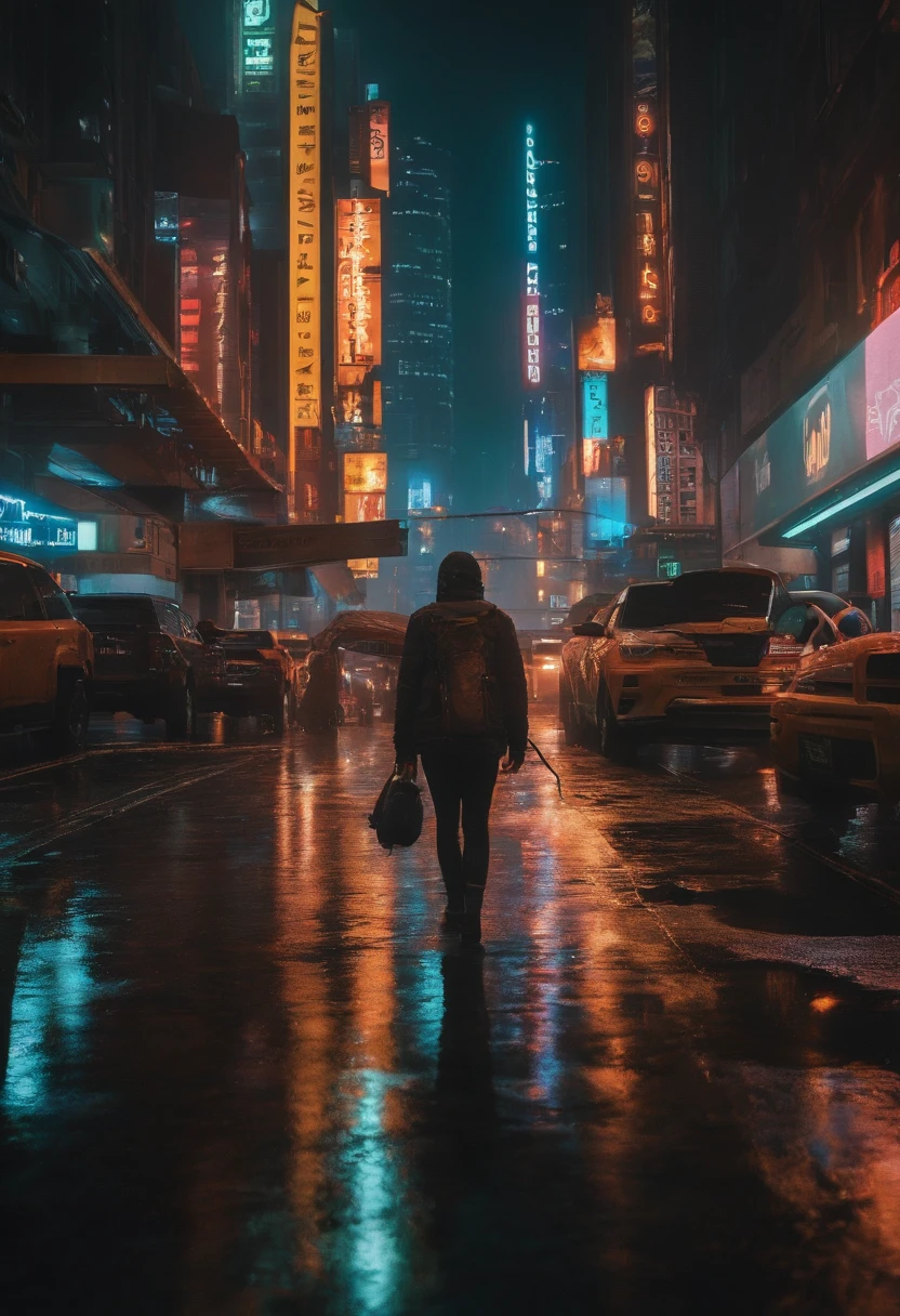 A bustling neon-lit cityscape at night, bathed in the glow of cyberpunk aesthetics and surrounded by towering skyscrapers. The city streets are filled with streams of colorful lights, reflecting off the rain-soaked pavement and creating a surreal and mesmerizing atmosphere. The buildings rise high into the sky, adorned with holographic billboards and flashing neon signs that illuminate the city in a vibrant display of technological marvel.

Within this urban jungle, the streets are bustling with people, their faces partially obscured by the glow of their futuristic implants. The hustle and bustle of the city are apparent as crowds move through the busy sidewalks, their steps echoing against the towering structures. The air is filled with the sound of distant sirens and the hum of machinery, adding to the immersive cyberpunk ambiance.

Amidst the chaos, a lone figure emerges, dressed in high-tech attire that seamlessly blends functionality and style. Their eyes reflect the neon glow as they navigate the labyrinthine streets with precision and purpose. The cityscape serves as a backdrop to this enigmatic character, emphasizing their place within this hyper-futuristic world.

As the rain continues to fall, it washes away the grime and reveals the intricate details of the cityscape. Every reflection, every wet surface, and every gleam of light is captured in ultra-detailed realism. The image quality is unparalleled, with the prompt demanding the best quality in 8k resolution that showcases the intricacies of this cyberpunk metropolis in stunning clarity.

The color palette of the artwork is dominated by vibrant neon hues, casting an otherworldly glow on the city and its inhabitants. The juxtaposition of these bold colors against the darkness of the night sky creates a captivating visual contrast, adding to the surreal and immersive experience.

The lighting in the scene is expertly crafted, with a focus on accentuating the city's cyberpunk aesthetics
