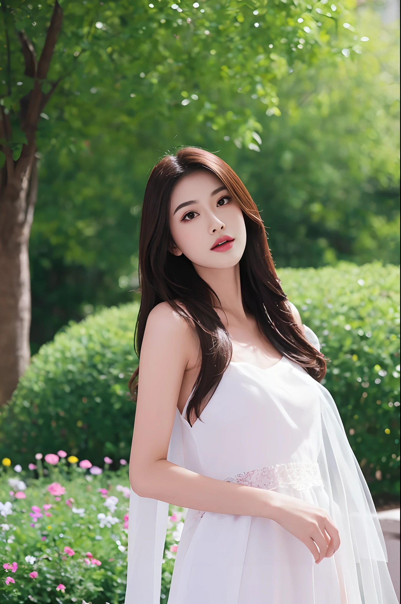 Fashion model 18 years old [[[[closeup cleavage]]]], [[[[boobgasm]]]], [[[[coll]]]], [[[[bshoulders]]]], perfect  eyes, Perfect iris，Perfect lips，perfect teeth，Perfect skin，Long face，slender nose，with fair skin，Soft front light，hdr，Movie girl，Casual，long whitr hair，Long hair with a shawl，The background is outdoors，Green trees and flowers（pastel colour：1.2）