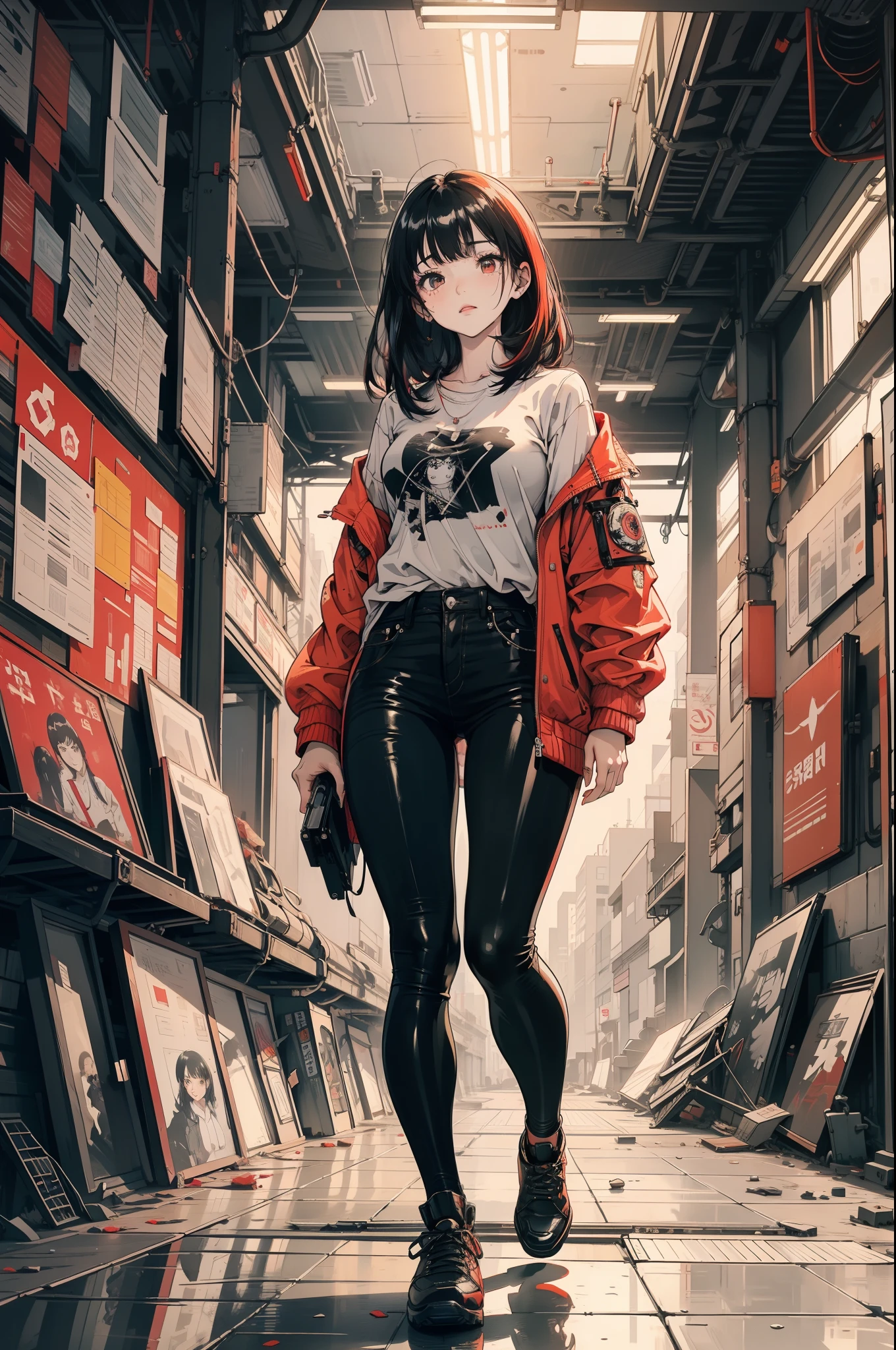 A young girl, Walk in the empty wilderness, The abandoned buildings that collapsed around them seem to be old, The pavement is swollen,an overgrown, Abandoned cars are scattered in Shino, Girl wearing a red jacket in cyberpunk style, The jacket is full of bullet clips, The girl holds a worn-out rifle in her hand, Black pants, Black leather shoes, It's like chasing some kind of prey, Medium hair, Red hair, bangs, Tongue out, High detail, conceptual art, Social realism, Interior architecture, romanticism lain, Anime style, Verism, full bloom, back lit lighting, blend, reflective light, outside border, zoom layer, hyper HD, Masterpiece, ccurate, Super detail, 4K, 8K, A high resolution