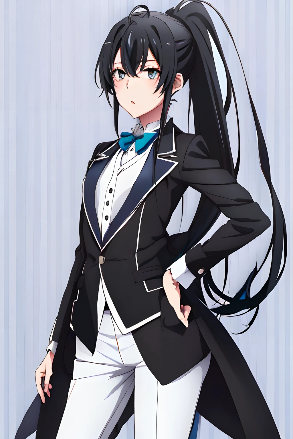 1Best Quality Girl,highres,ponytail ,white pants ,long hair,1girl, Yukinoshita , Butler tail coat ,Black hair, eyes blue,Tail coat,striped,tight pants ,black shirt ,school background , looking at the scenes,Badass Butler, wallpaper, Princely Female