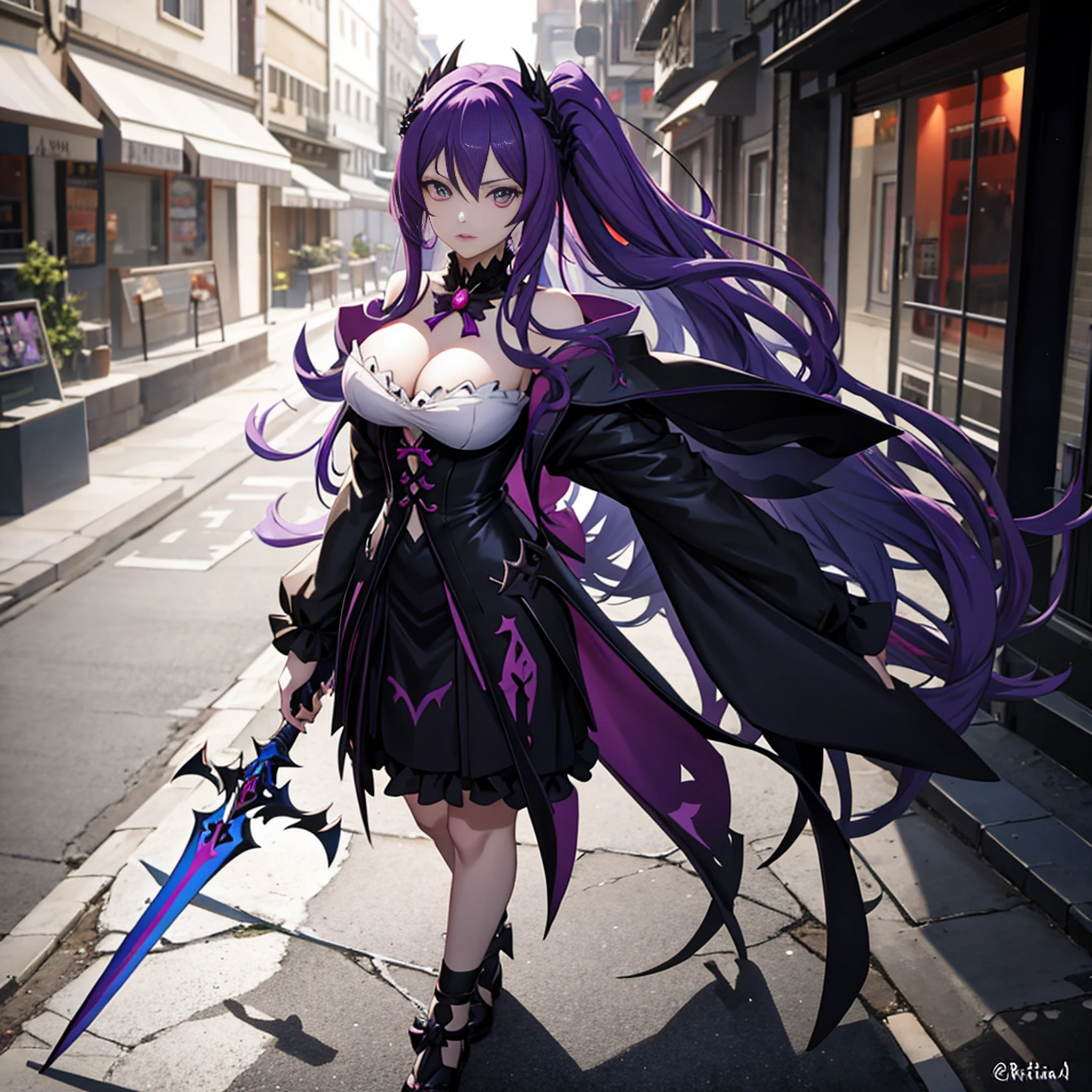 Anime - Mulher estilo em um vestido de couro com uma espada e cabelo roxo, Anime Garota Cosplay, Irelia de League of Legends, Artgerm extremamente detalhado, estilo artgerm, Anime cosplay, Menina anime na vida real, menina anime sedutora, shalltear from overlord, Irelia, anime estilo 3d, deusa anime, anime em estilo fantasia